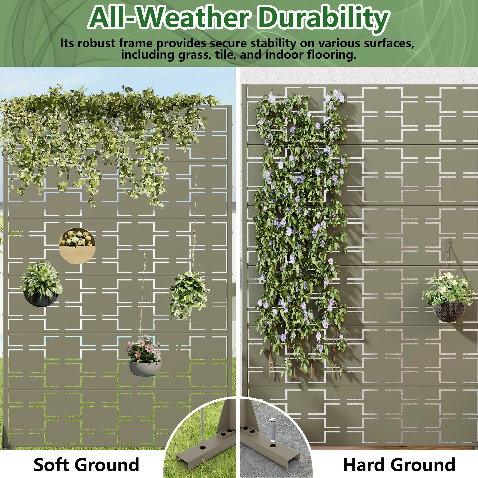 All-Weather Durability  
Its robust frame provides secure stability on various surfaces, including grass, tile, and indoor flooring.  

Soft Ground  
Hard Ground