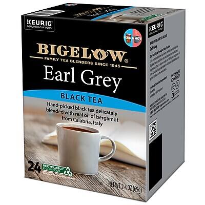 KEURIG  
CENUINE KOJP POOS  
KEURIG ICED 4 HOT  

BIGELOW  
FAMILY TEA BLENDERS SINCE 1945  

Earl Grey  
BLACK TEA  

Hand-picked black tea blended with delicately real oil of bergamot from Calabria, Italy  

24 RECYCLABLE KCUPPOOS  
NET WT 24 OZ (69g)