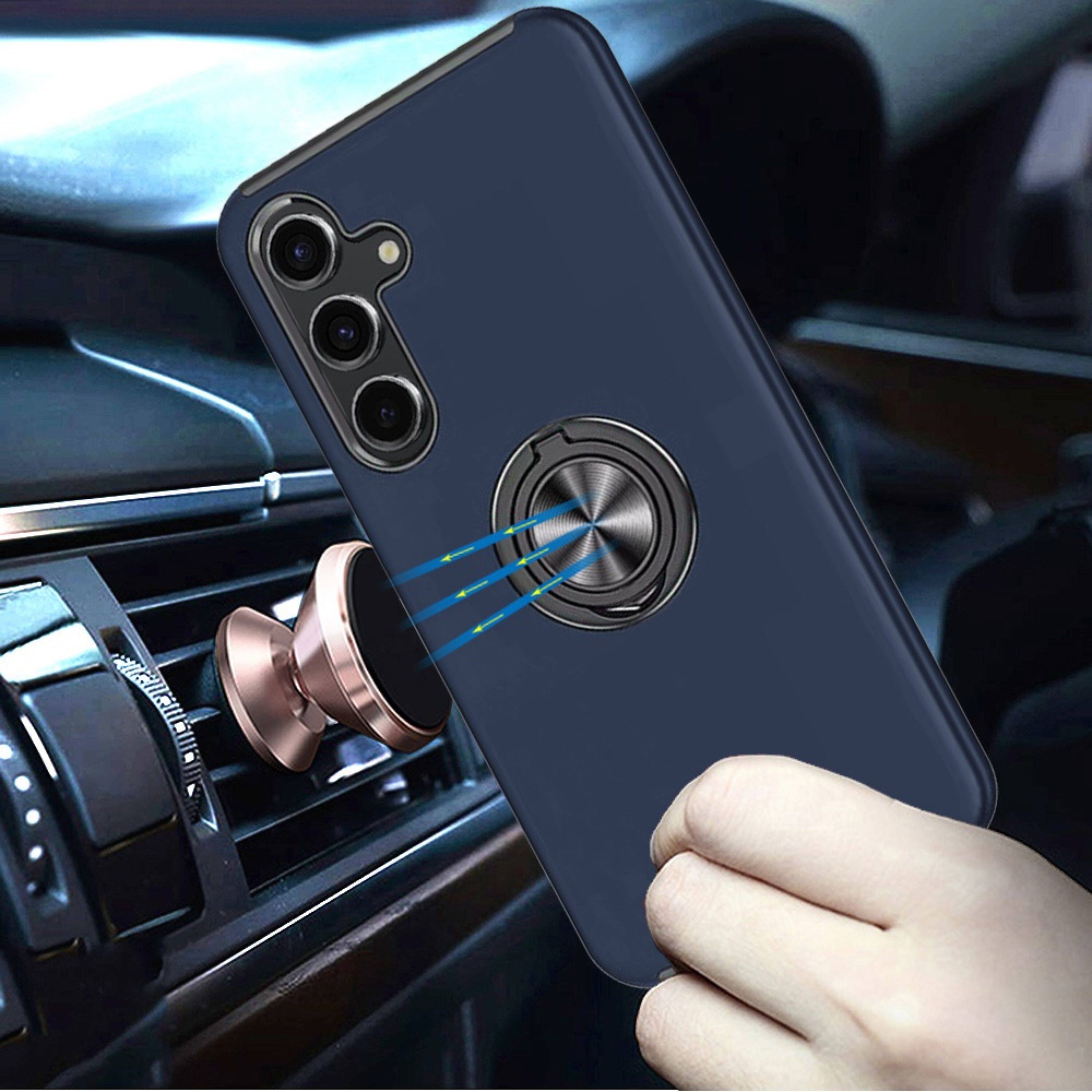 Angle. Kitcheniva - Rubber Dual Layer Magnetic Ring Stand Case With Tempered Glass For Samsung S26 Plus Dark Blue - Blue.