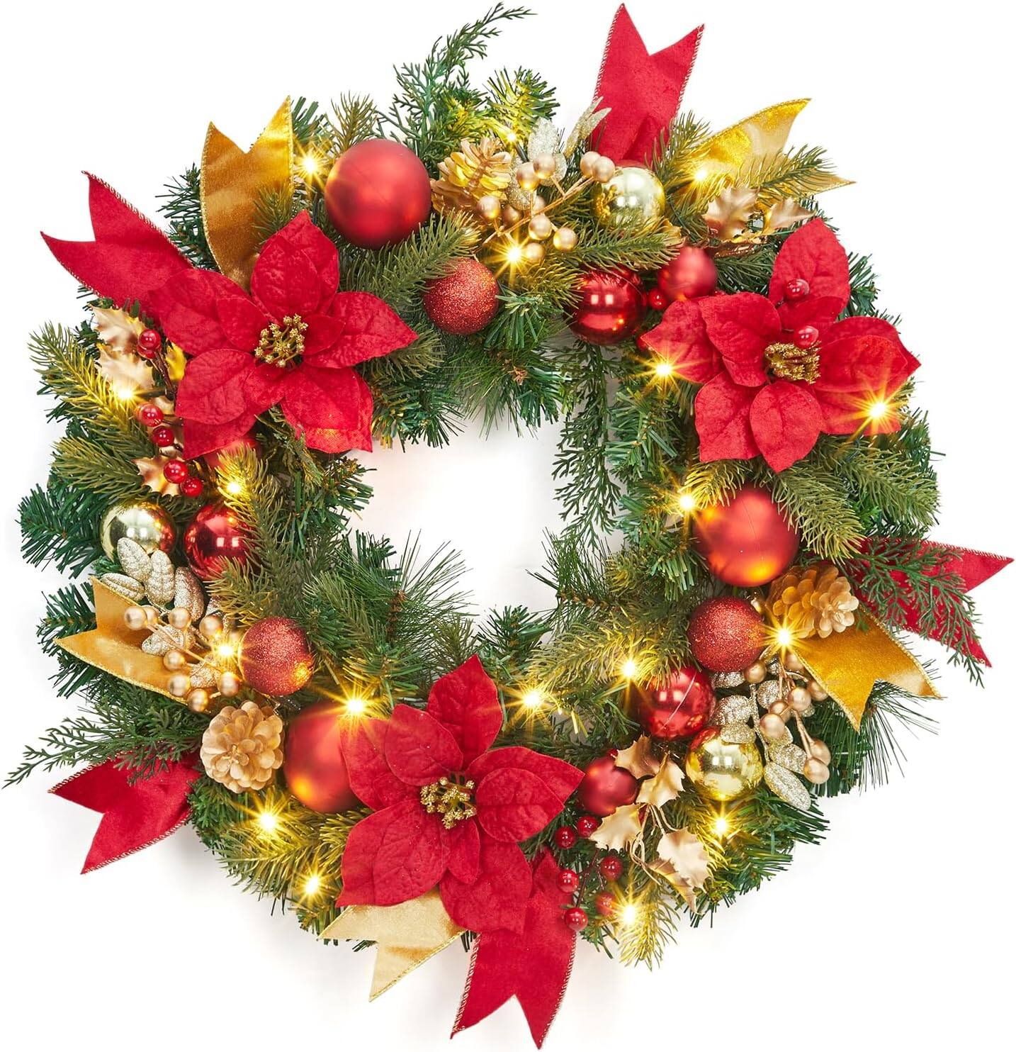 Front. Jojoka - 24 Inch Pre-Lit Christmas Wreath for Grand Entryway and Entrance Displays - Green.