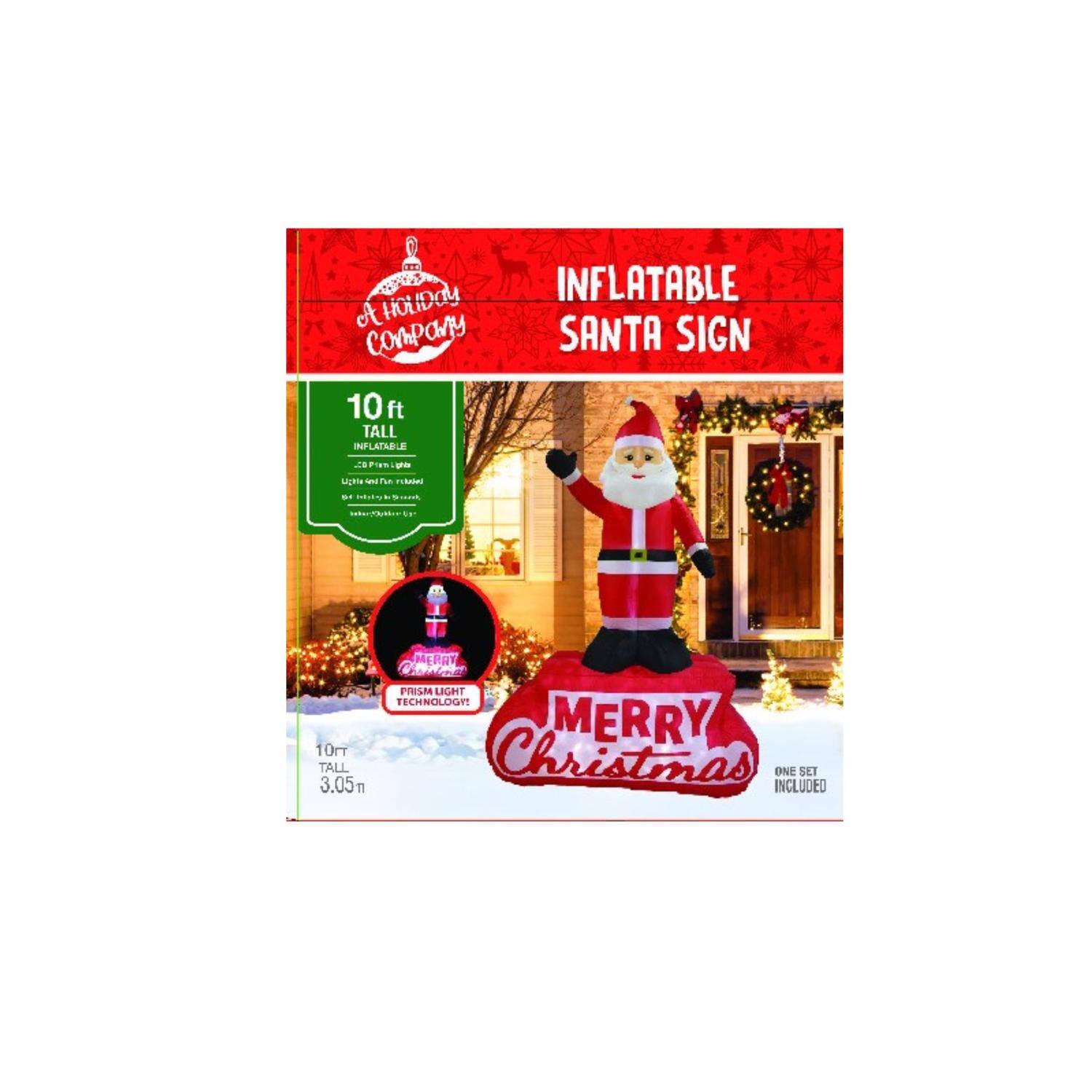 INFLATABLE SANTA SIGN  
10 ft TALL  
3.05m  
ONE SET INCLUDED  

MERRY Christmas  

INFLATABLE HOLIDAY COMPANY  
10 ft TALL INFLATABLE  
- 2-Piece Inflatable  
- Easy to Set Up  
- Includes Pump  

PRISHA LIGHT TECHNOLOGY!