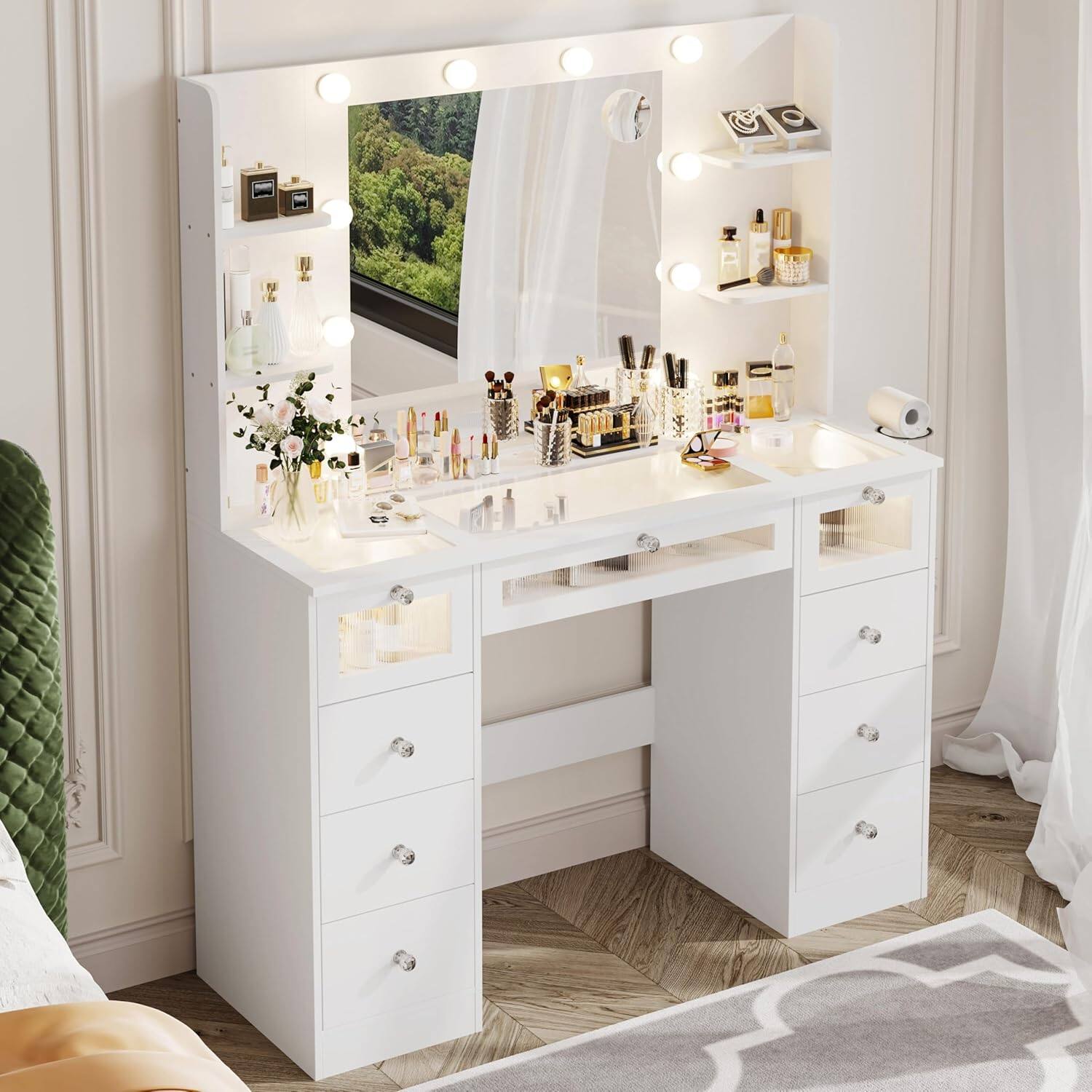Alt View 5. DIYSET - DIYSET 9-Drawers Makeup Vanity with Lighted 22" Mirror, Glass Top Vanity Desk with 3 Color Bulbs, Charging Station - White.