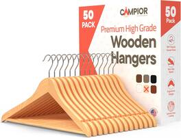 Campior - Wooden Hangers – 50-Pack, 360° Swivel Hook, Non-Slip, Pants Bar, Grooves, Space-Saving & Smooth Finish - Natural