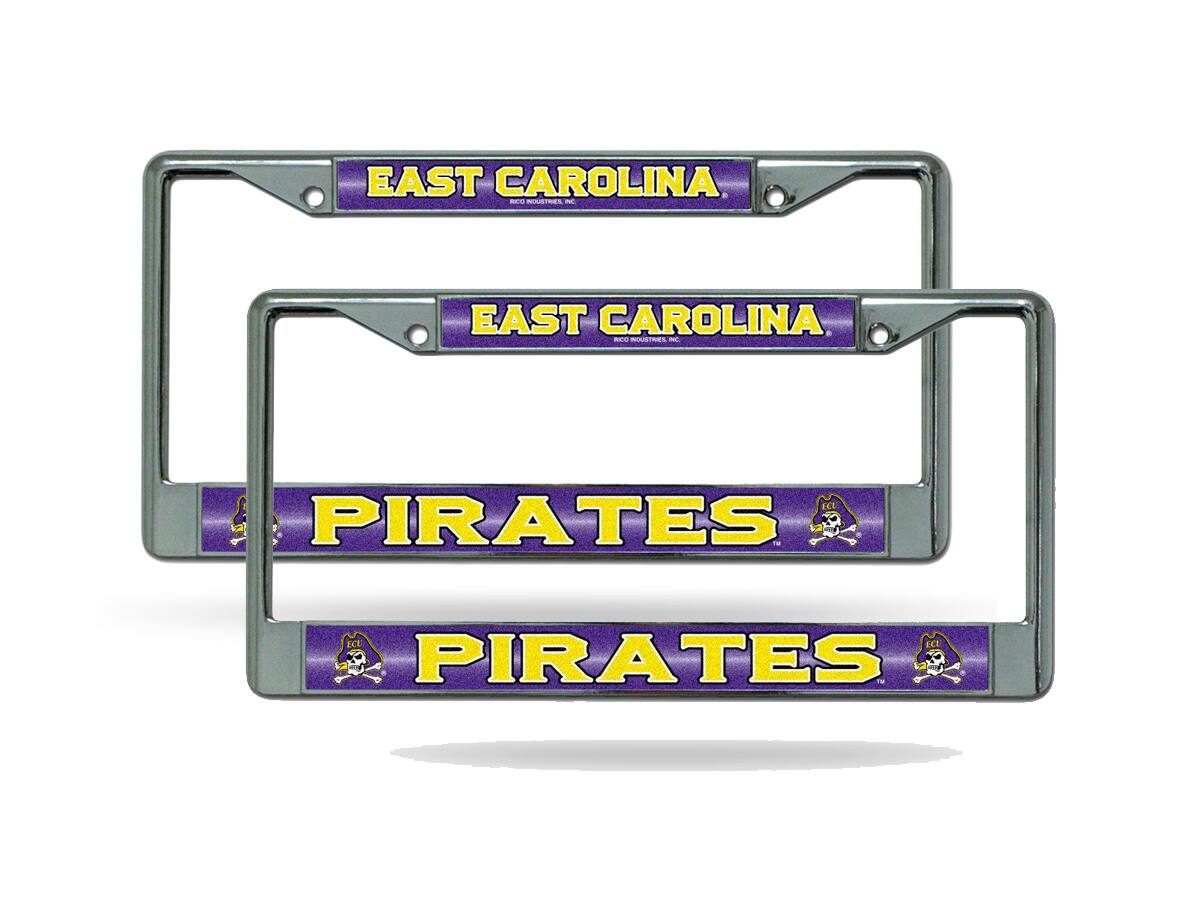 East Carolina Pirates (Set of 2) Sparkly Glitter Bling Look Chrome License Plate Frames Car Truck Wall