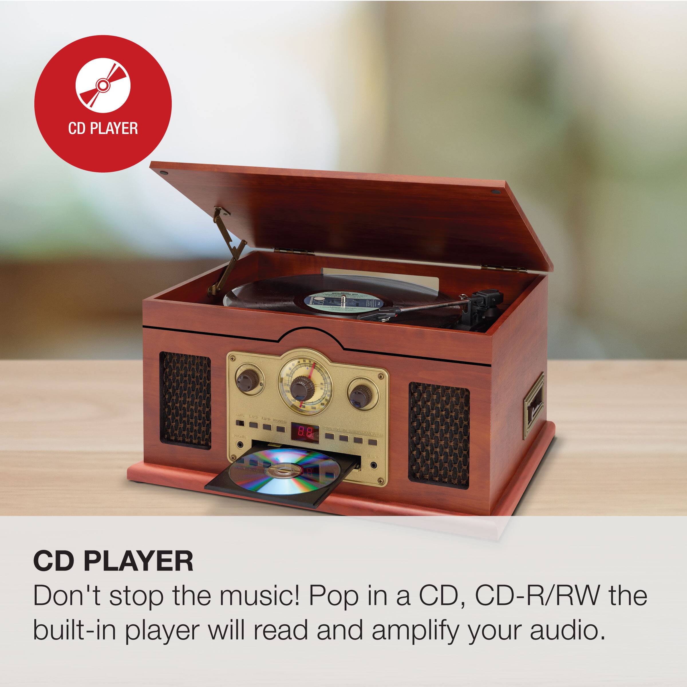 CD PLAYER

Don't stop the music! Pop in a CD, CD-R/RW the built-in player will read and amplify your audio.