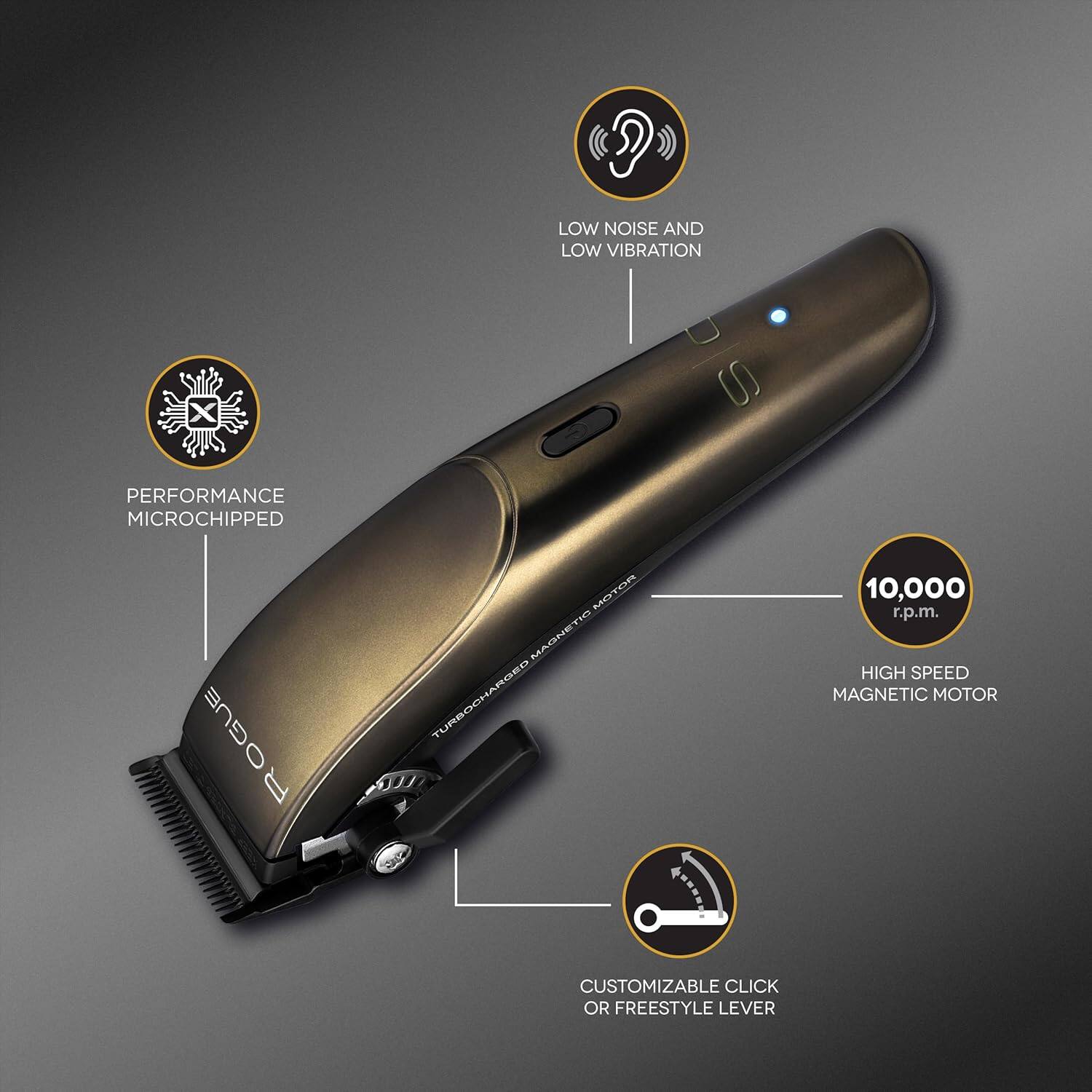 LOW NOISE AND LOW VIBRATION PERFORMANCE MICROCHIPPED ROGUE MOTOR MAGNETIC TURBOCHARGED 10,000 r.p.m. HIGH SPEED MAGNETIC MOTOR CUSTOMIZABLE CLICK OR FREESTYLE LEVER