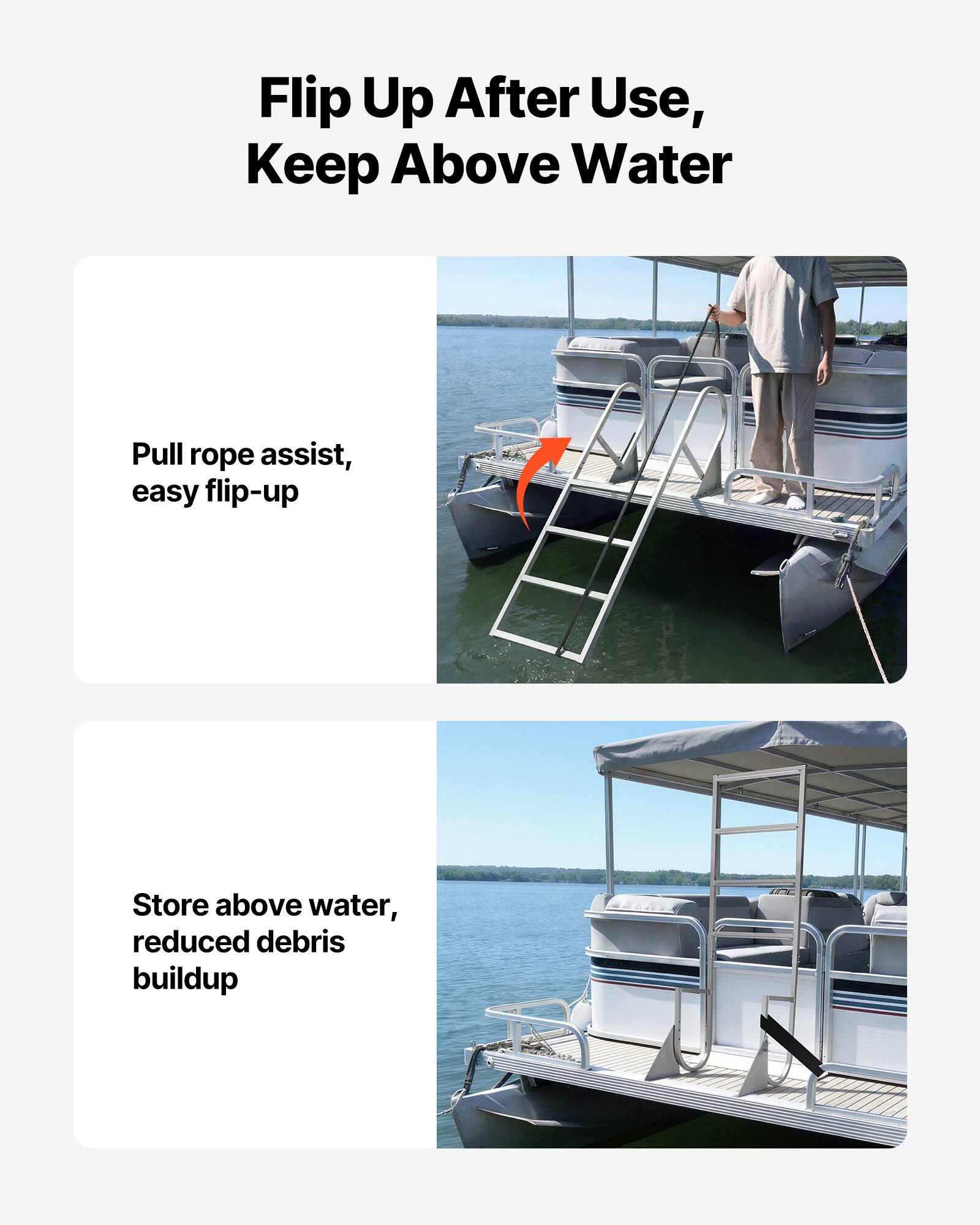 Flip Up After Use, Keep Above Water

- Pull rope assist, easy flip-up
- Store above water, reduced debris buildup