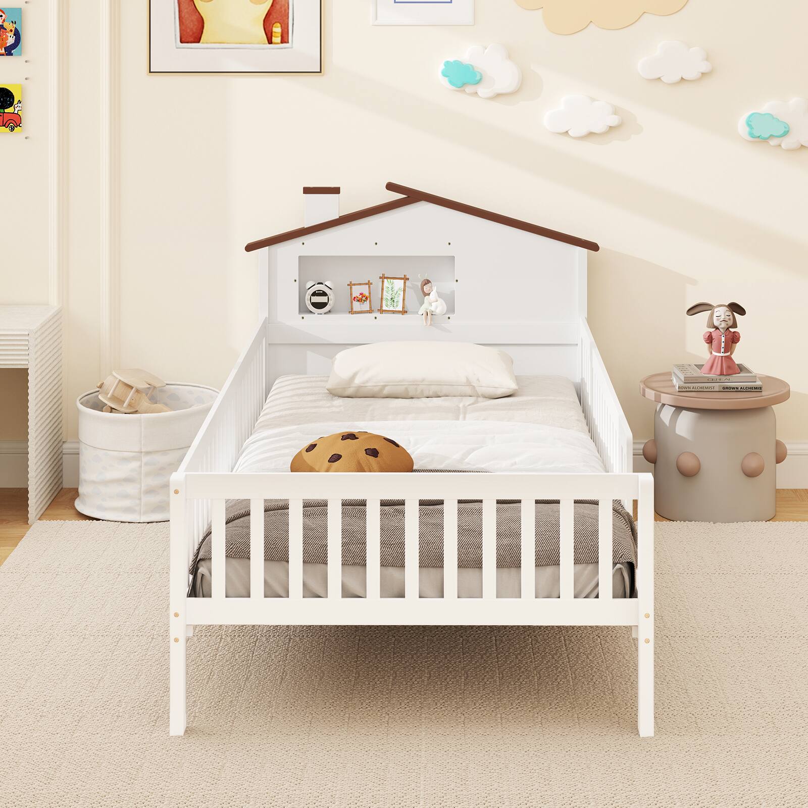 Alt View 8. Gymax - Gymax Twin Size Kids Bed Solid Wood Platform Bed w/ Under-bed Storage & Storage Cube White - White.