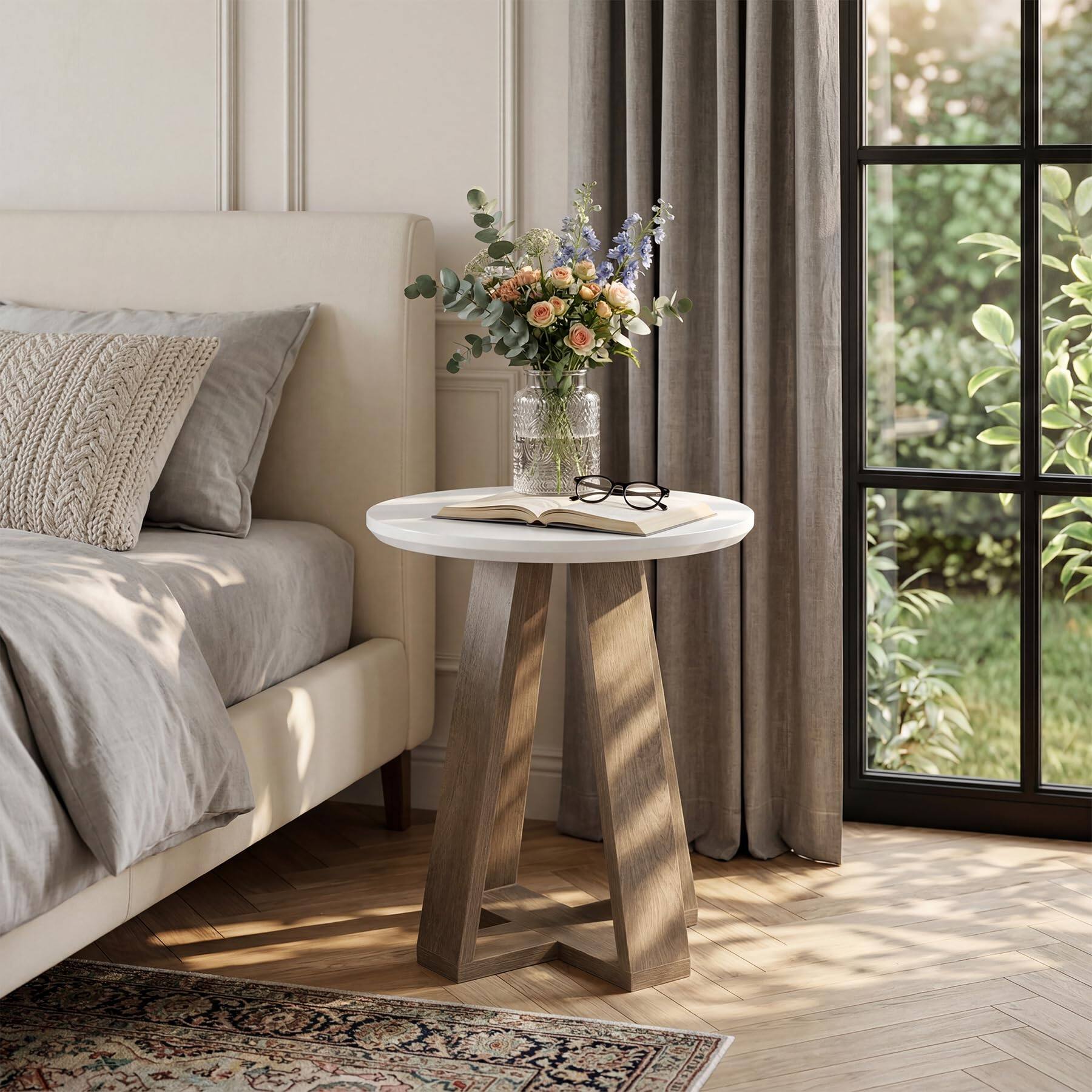 Tribesigns Round Side Table, Small End Table for (1 Brown and White ...