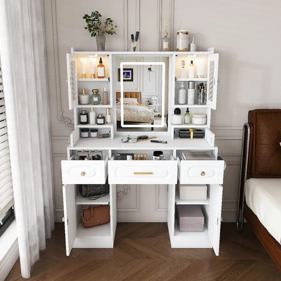 Electrical Outlet Computer Loheer Large Makeup Vanity Table with Mirror, Three Drawers, Shelves ...