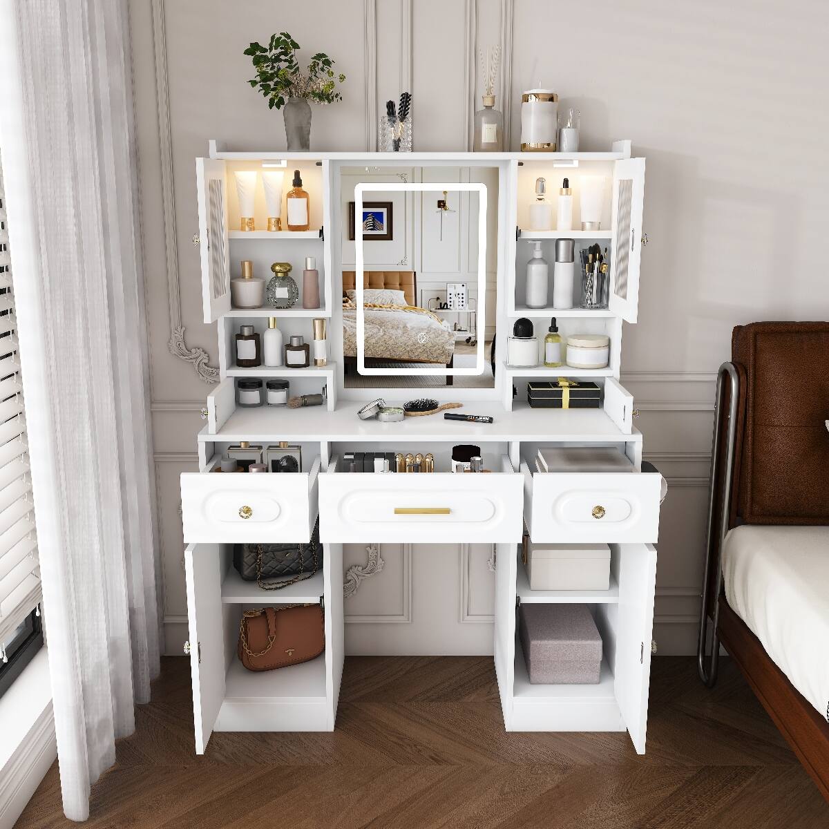 Loheer Large Makeup Vanity Table with Mirror, Three Drawers, Shelves ...