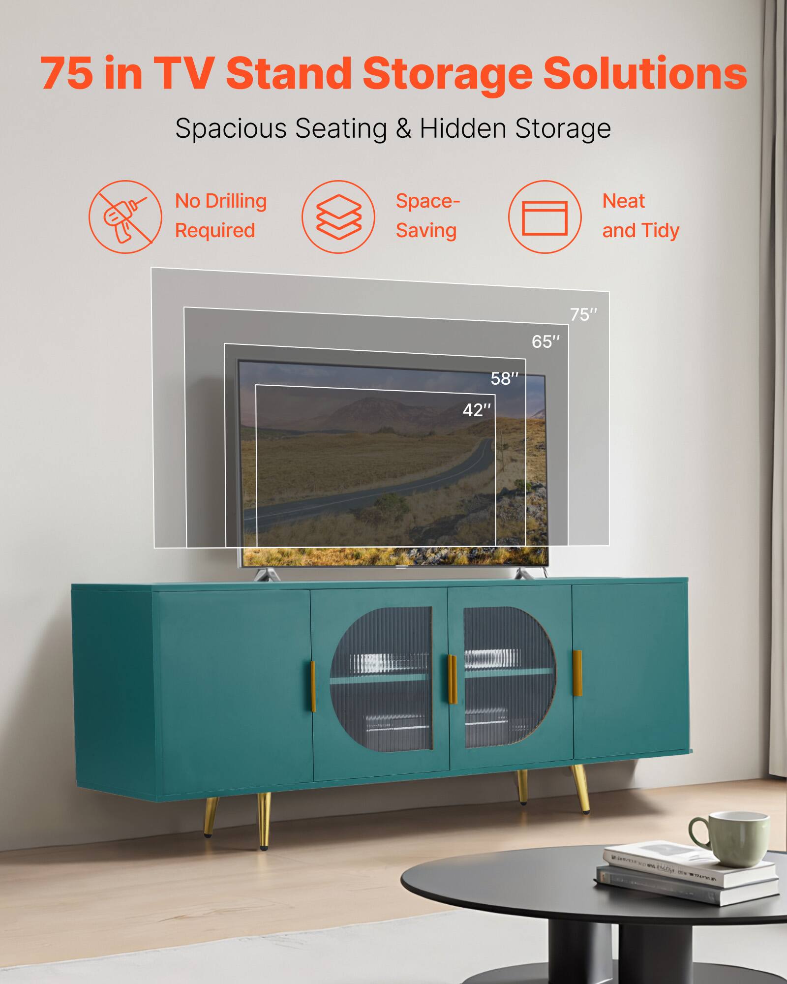 75 in TV Stand Storage Solutions: Spacious Seating & Hidden Storage. No Drilling Required. Space-Saving. Neat and Tidy. Available in 75", 65", 58", and 42".