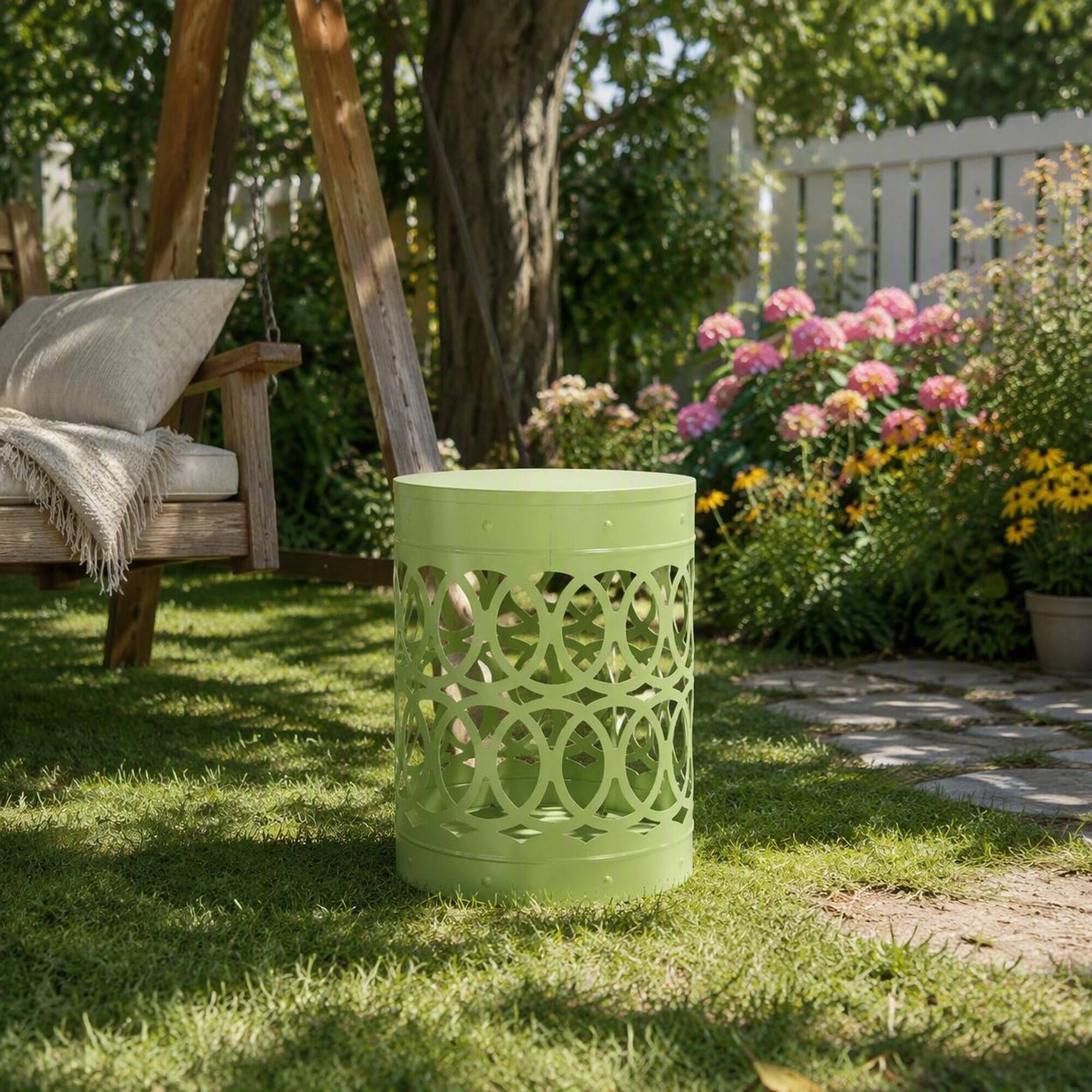 Alt View 2. RYHNUYNE - Modern Green Metal Outdoor Side Table with Decorative Design, Outdoor End Table for Patio Garden and Balcony - Green.