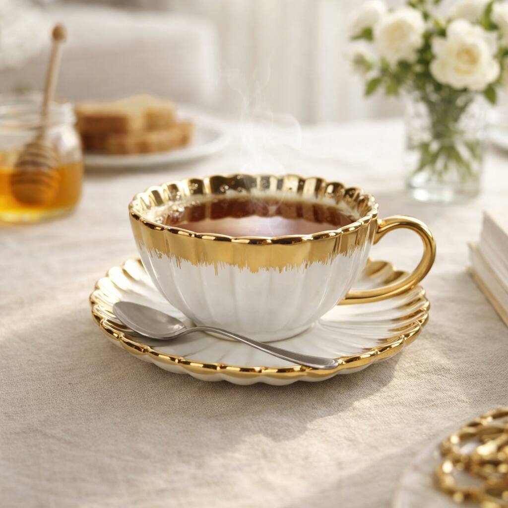 Angle. Jiallo - Ceramic Cup and Saucer with Gold Edge - White.