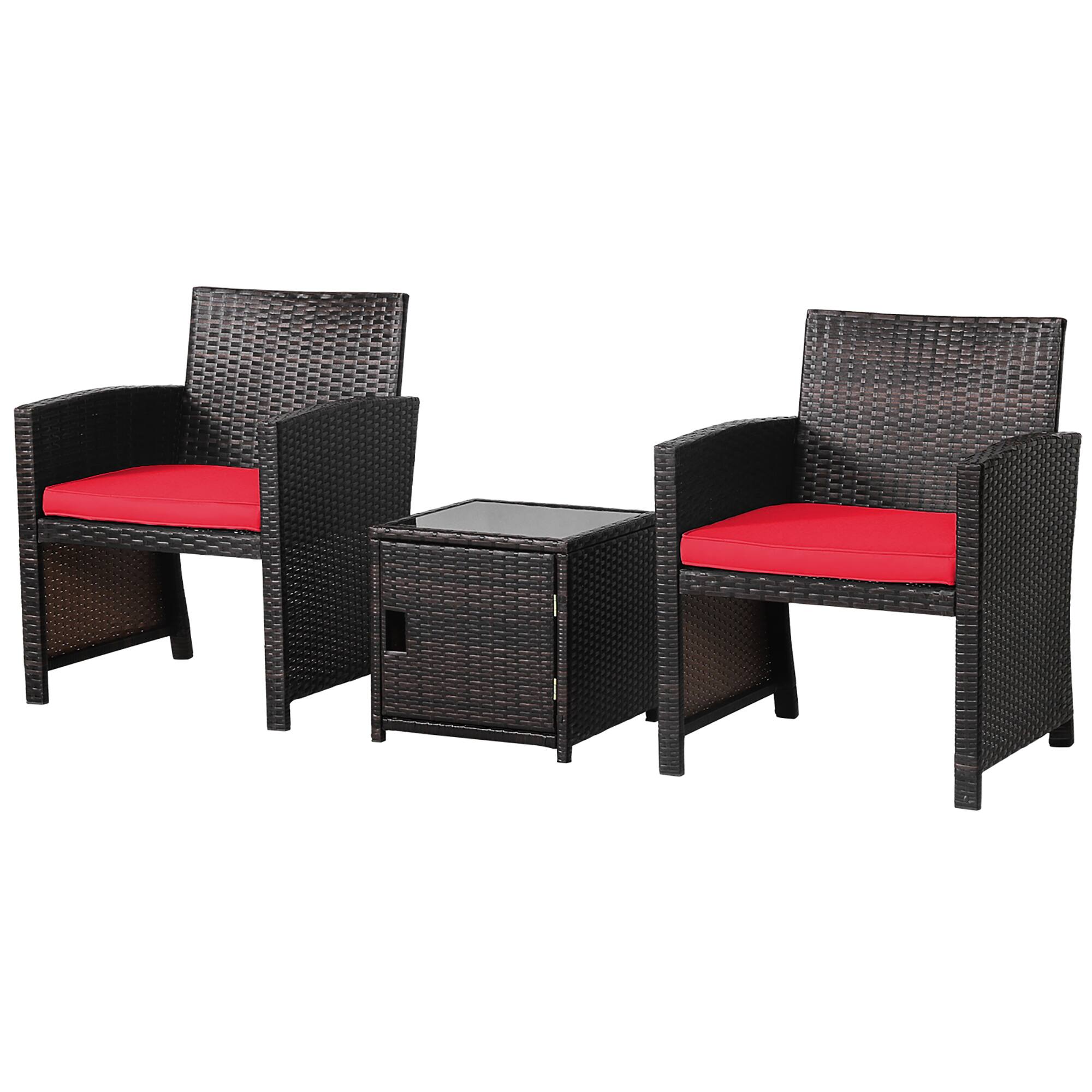 Alt View 9. Gymax - Gymax 3PCS Patio PE Rattan Conversation Furniture Set Bistro Set w/ Waterproof Cover Red - Red.