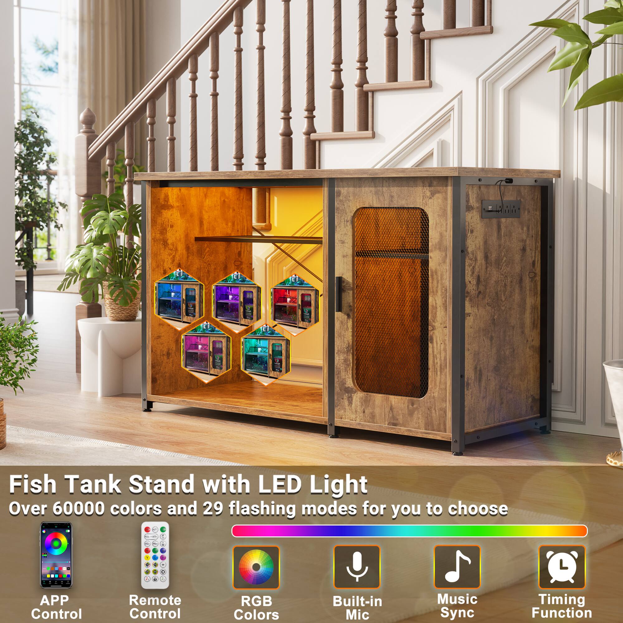 Fish Tank Stand with LED Light  
Over 60000 colors and 29 flashing modes for you to choose

- APP Control
- Remote Control
- RGB Colors
- Built-in Mic
- Music Sync
- Timing Function