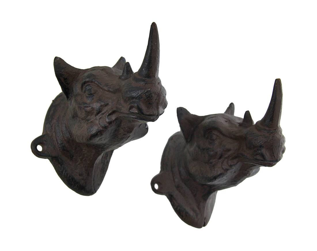 Zeckos - Set of 2 Rustic Cast Iron Rhinoceros Head Wall Hooks - Rust