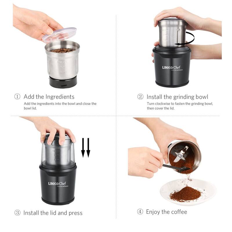 1. Add the Ingredients  
   Add the ingredients into the bowl and close the bowl lid.

2. Install the grinding bowl  
   Turn clockwise to fasten the grinding bowl, then cover the lid.

3. Install the lid and press

4. Enjoy the coffee