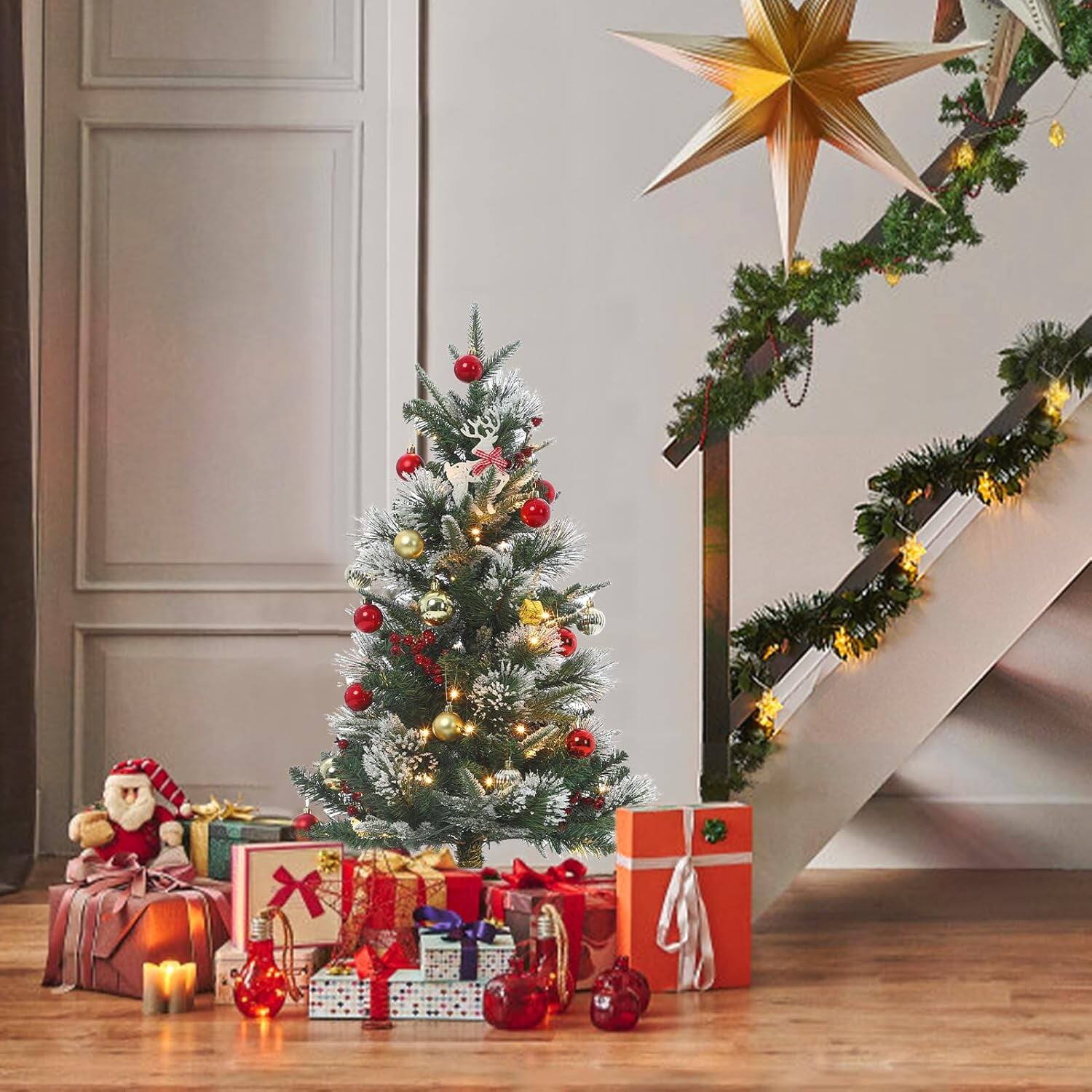 Angle. Qeetex - 3ft Pre-Lit Christmas Tree, Mini Xmas Tree with 78 LED Lights for Indoor/Outdoor Decor - Green 2pcs.