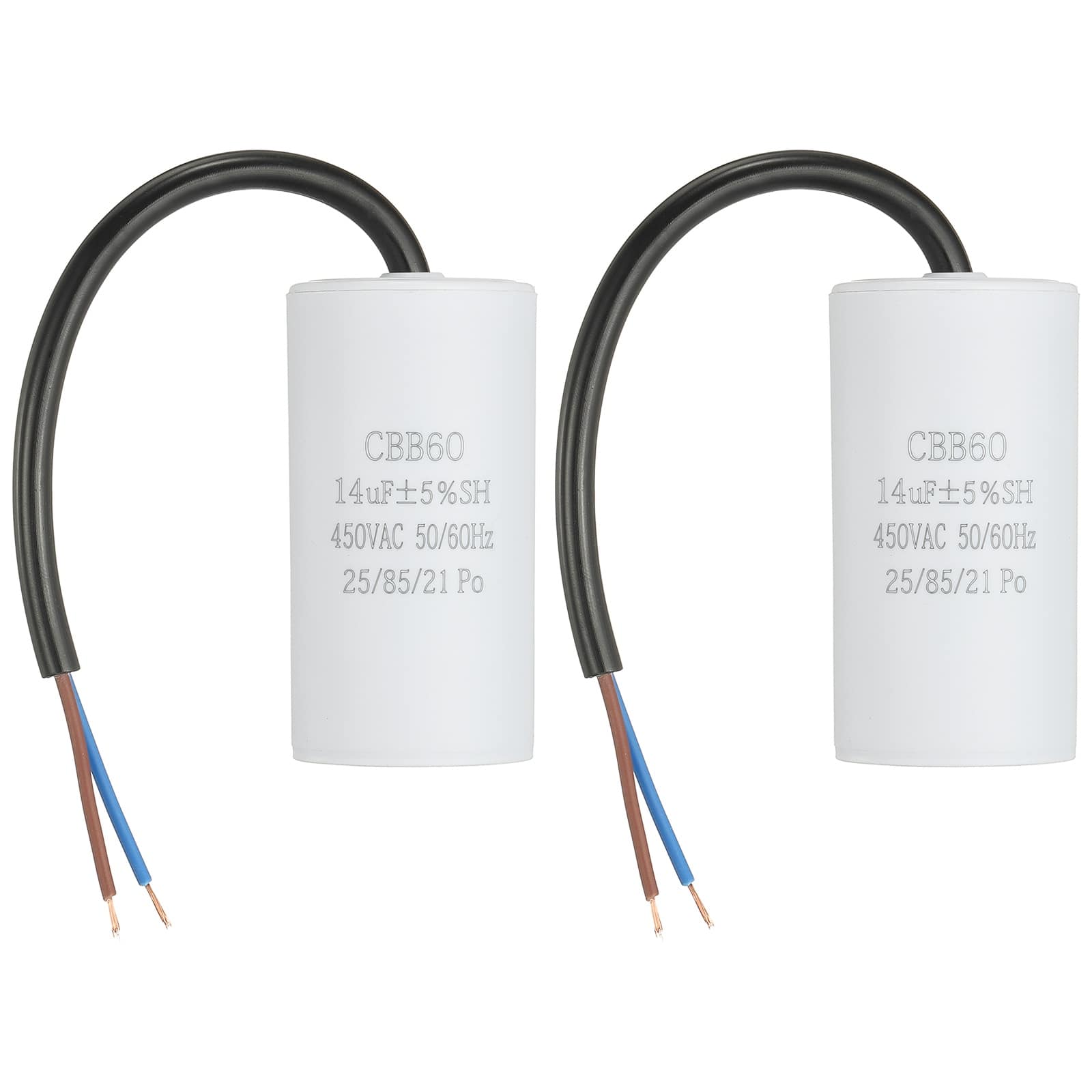 Unique Bargains - 2pcs 14uF CBB60 Run Capacitor, AC 450V 2 Wires 50/60Hz Cylinder 73x37mm for Air Compressor, Water Pump - White