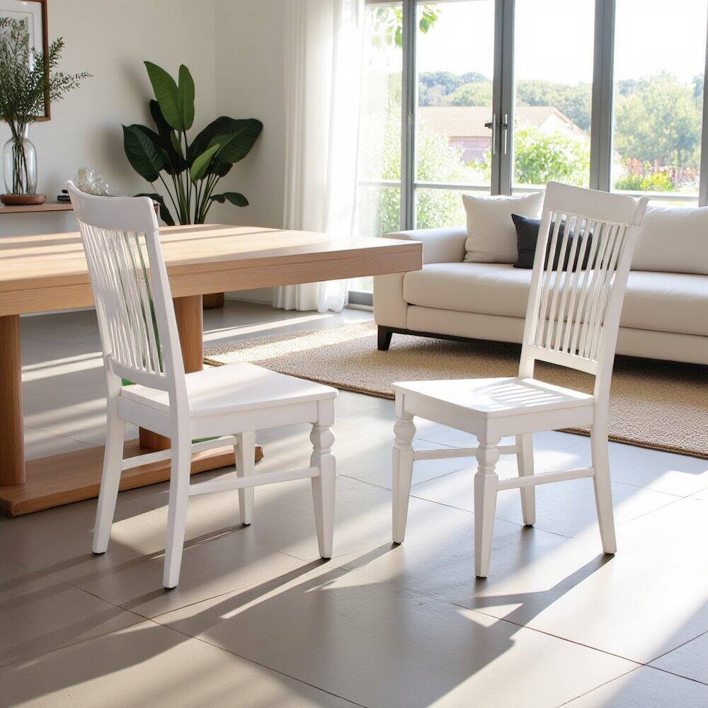 Angle. FurniFact - Elegant White Wooden Dining Chairs – Slatted Back - Linen White.