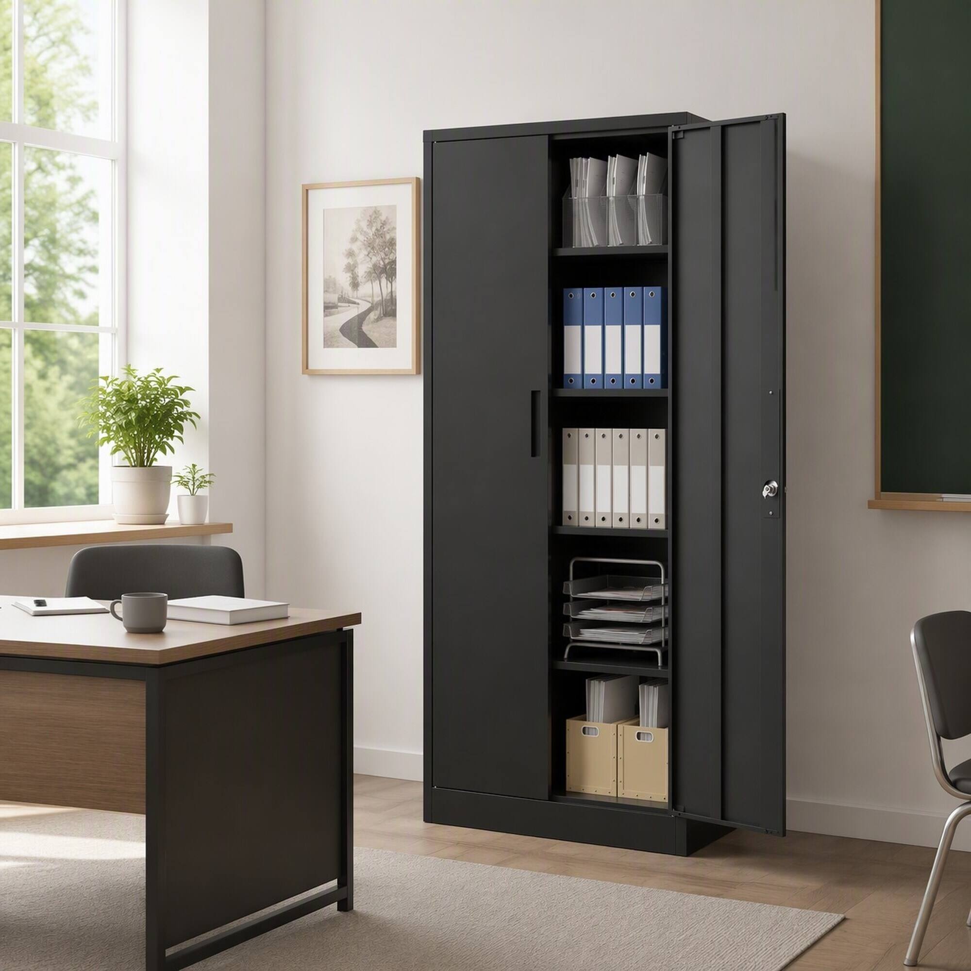 Angle. RYHNUYNE - 72 Inch Tall Metal Garage Storage Cabinet Black Tool Steel Locking Cabinet with Doors and 4 Shelves for Home Office - Black.