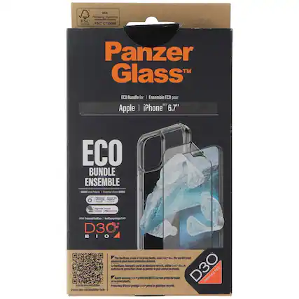 MIX Packaging Supporting on Forestry FSC C133696
Panzer Glass™
ECO Bundle for | Ensemble ECO pour 2023 Apple | iPhone 6.7"
ECO BUNDLE ENSEMBLE
This HardCase, made of recycled plastic, uses D3O Bio, the world's most advanced plant-based protection material. This HardCase, fabriqué à partir de plastique recyclé, utilise D3O Bio, le matériau de protection le plus avancé au monde.
Award-winning D3O protected plastic. Protection D3O primé en plastique recyclé.
D3O PROTECTED
Scan pour l'installation facile