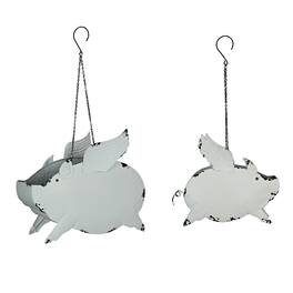 Zeckos - Metal Distressed Flying Pig Hanging Planter Set Large & Small Flower Pots - White