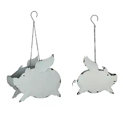 Front. Zeckos - Metal Distressed White Flying Pig Hanging Planter Set Large & Small Flower Pots - White.