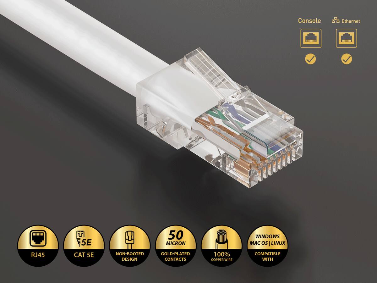 Console  
Ethernet  
5E  
50 MICRON  
WINDOWS MAC OS | LINUX  
RJ45  
CAT 5E  
NON-BOOTED DESIGN  
GOLD-PLATED CONTACTS  
100% COPPER WIRE  
COMPATIBLE WITH