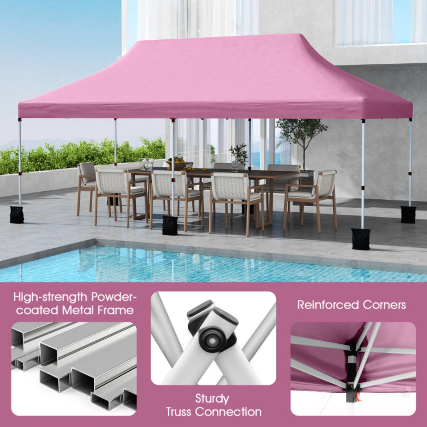 High-strength Powder-coated Metal Frame  
Reinforced Corners  
Sturdy Truss Connection