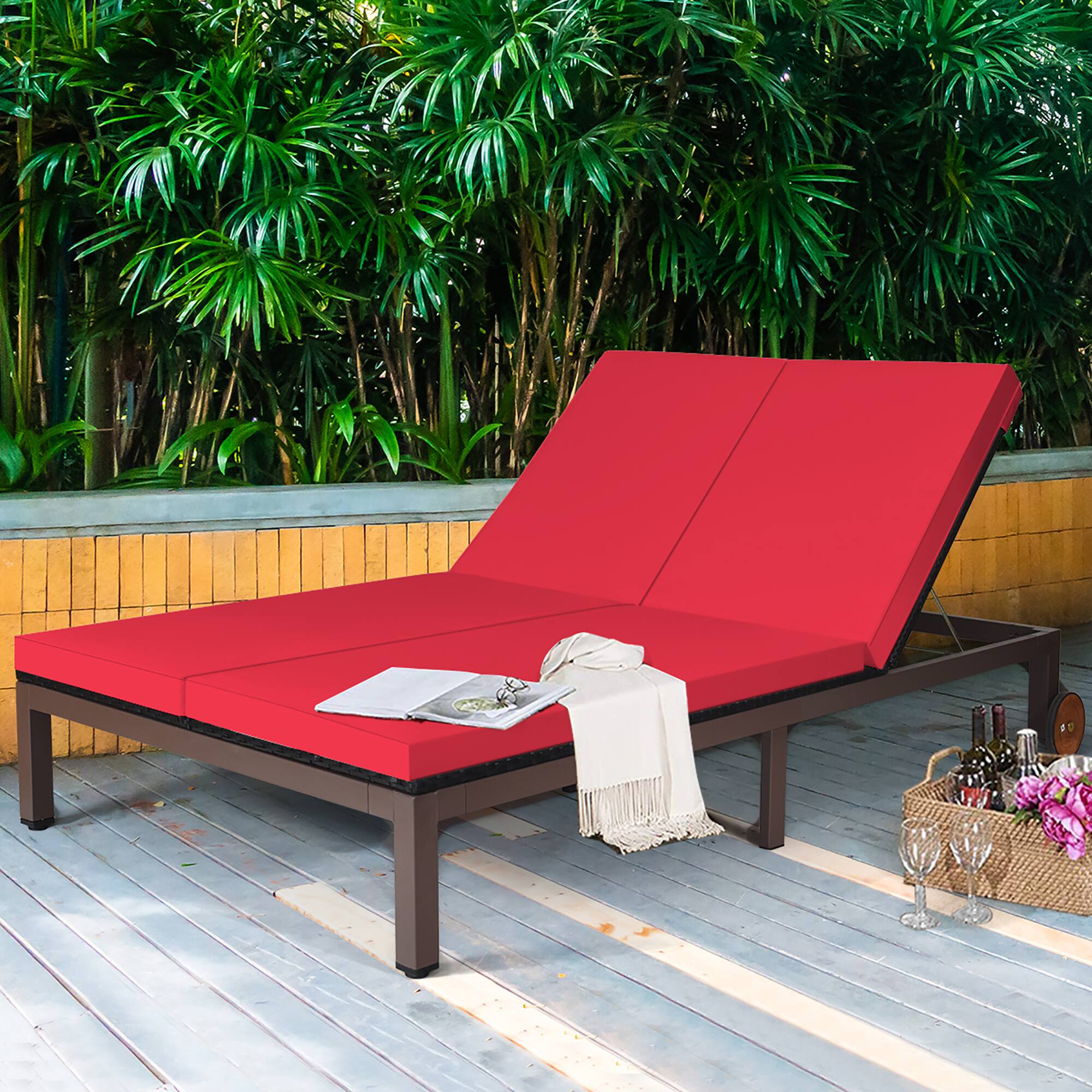 Alt View 1. Costway - Costway 2-Person Patio Rattan Lounge chair Chaise Recliner Adjustable Cushioned - Red.