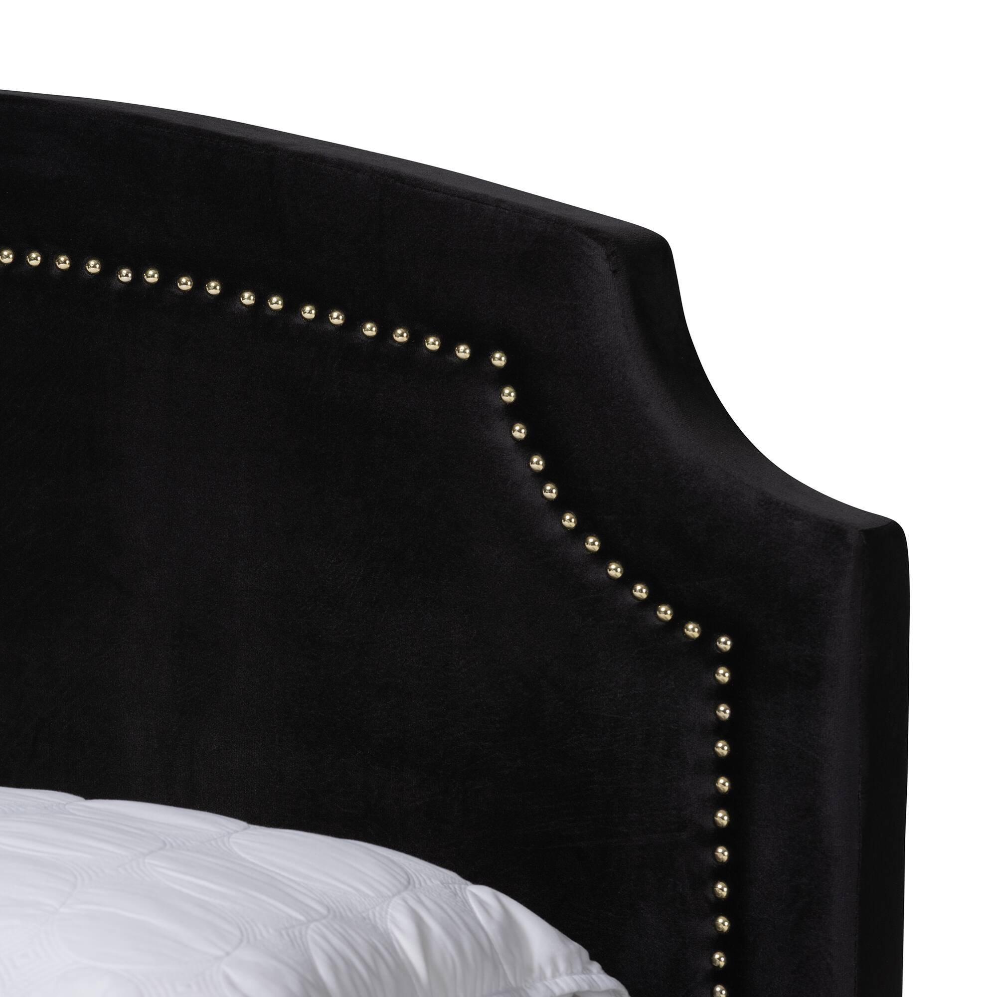 Back. Baxton Studio - Oxley Traditional Glam and Luxe Velvet and Gold Metal Queen Size Panel Bed - Black/Gold.