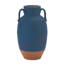 BreeBe - Ceramic Urn Vase with Terra Cotta Accent 10.5"H - Blue