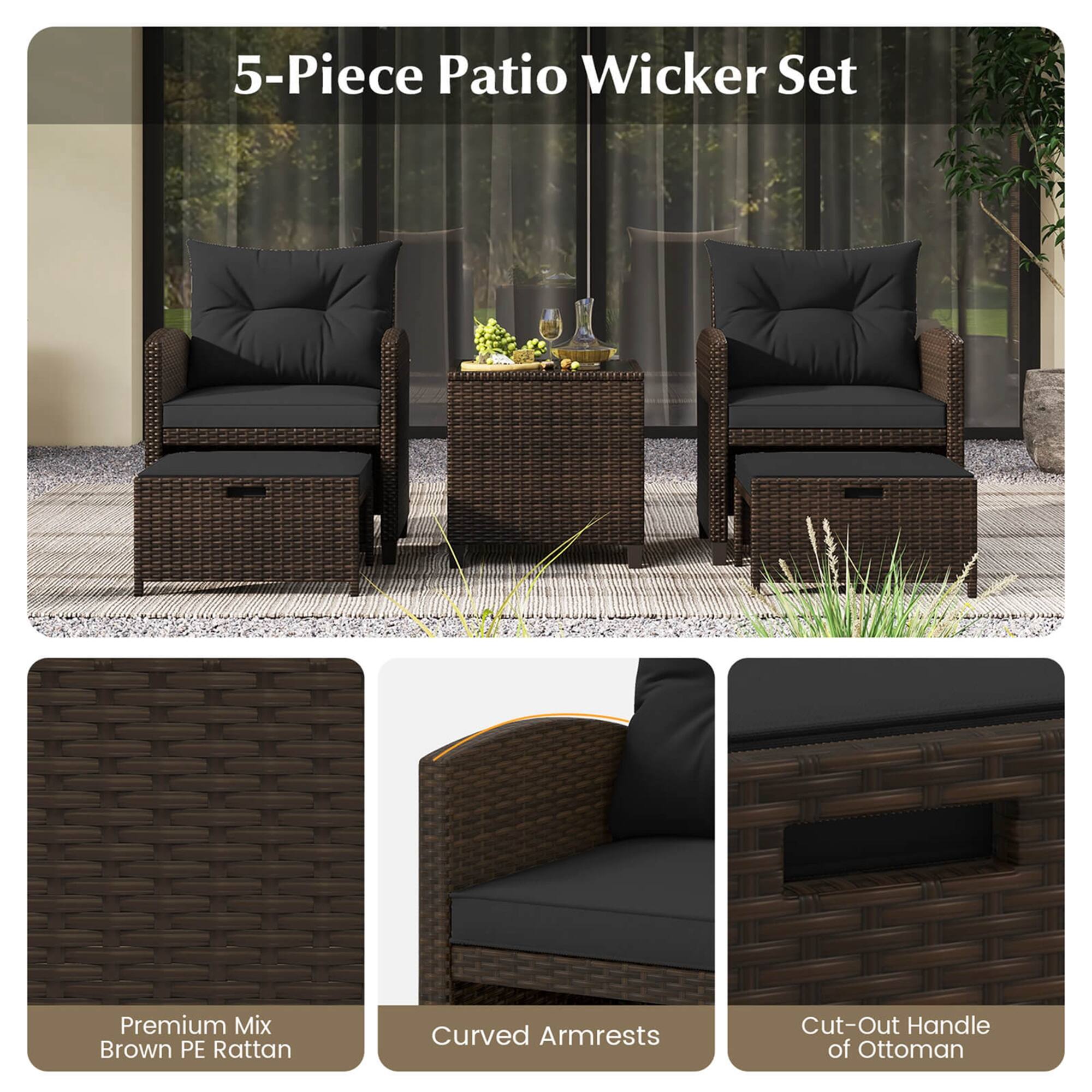 5-Piece Patio Wicker Set Premium Mix Brown PE Rattan Curved Armrests Cut-Out Handle of Ottoman