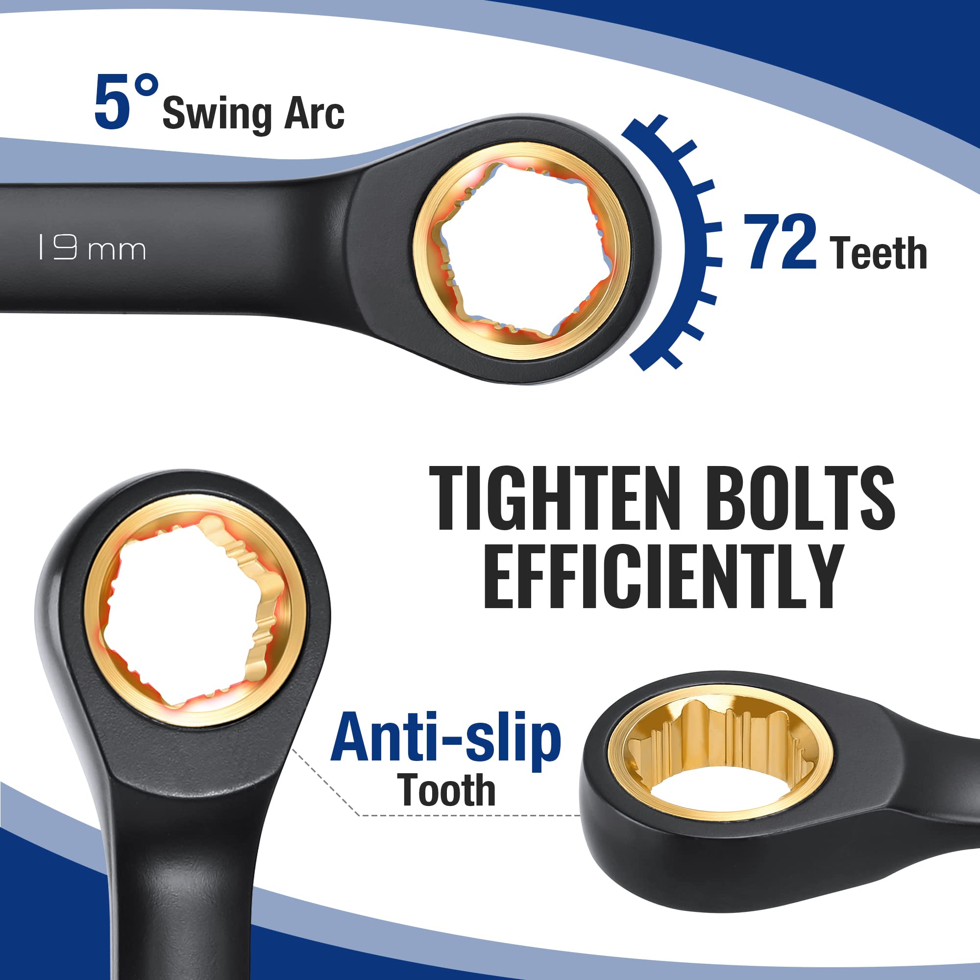 5° Swing Arc  
19 mm  
72 Teeth  

TIGHTEN BOLTS EFFICIENTLY  

Anti-slip Tooth