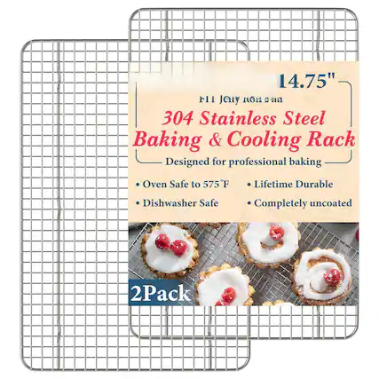 14.75"
304 Stainless Steel Baking & Cooling Rack
Designed for professional baking
- Oven Safe to 575°F
- Dishwasher Safe
- Lifetime Durable
- Completely uncoated
2 Pack