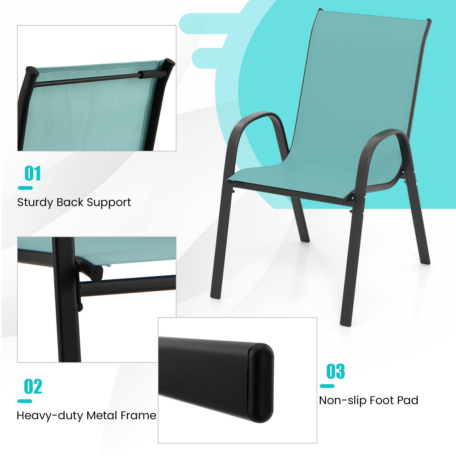 01 Sturdy Back Support  
02 Heavy-duty Metal Frame  
03 Non-slip Foot Pad