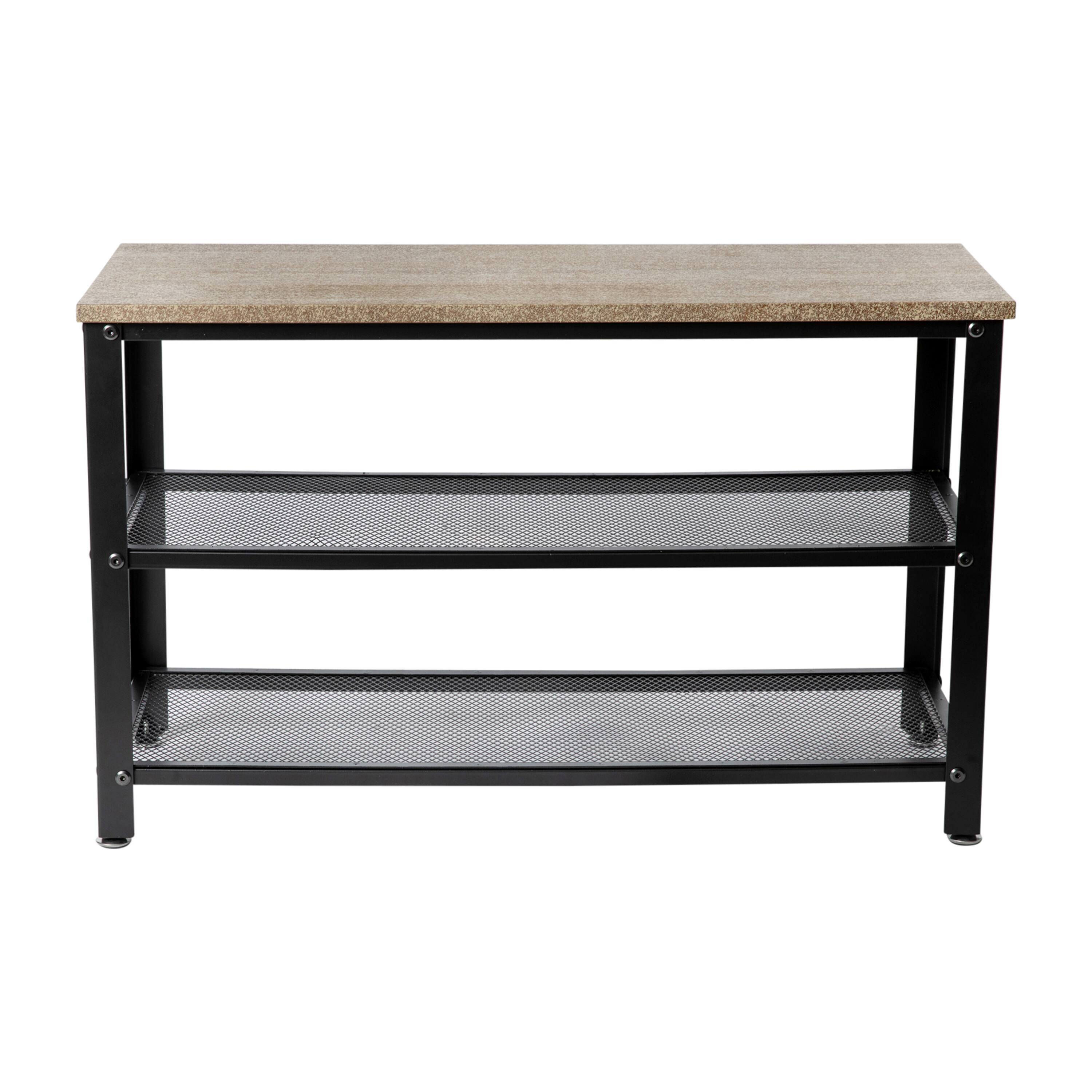 Alt View 7. Emma + Oliver - Isla 3-Tier Storage Bench with Metal Mesh Shelves for Entryway, Mudroom, or Bedroom - Weathered Brown.