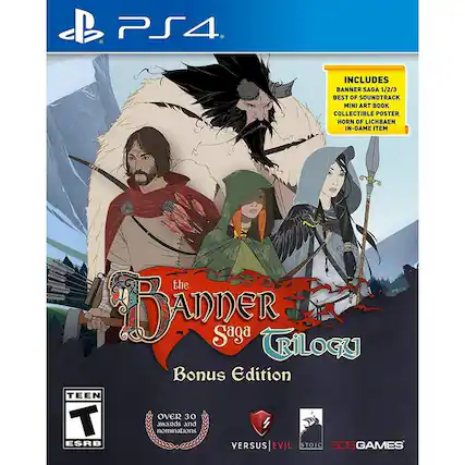 PS4
INCLUDES
BANNER SAGA 1/2/3
BEST OF SOUNDTRACK
MINI ART BOOK
COLLECTIBLE POSTER
HORN OF LICHBAEN IN-GAME ITEM
the Banner Saga
Trilogy
Bonus Edition
TEEN
T
ESRB
OVER 30 awards and nominations
VERSUS | EVIL
STOIC
SOS GAMES - T (Teen 13+)