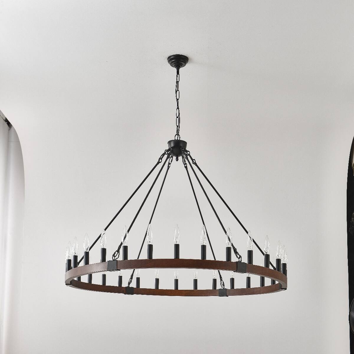 Back. Loheer - Loheer 30 Light Wood Wagon Wheel Chandelier, Matte Black Farmhouse Pendant Light for Dining Room.