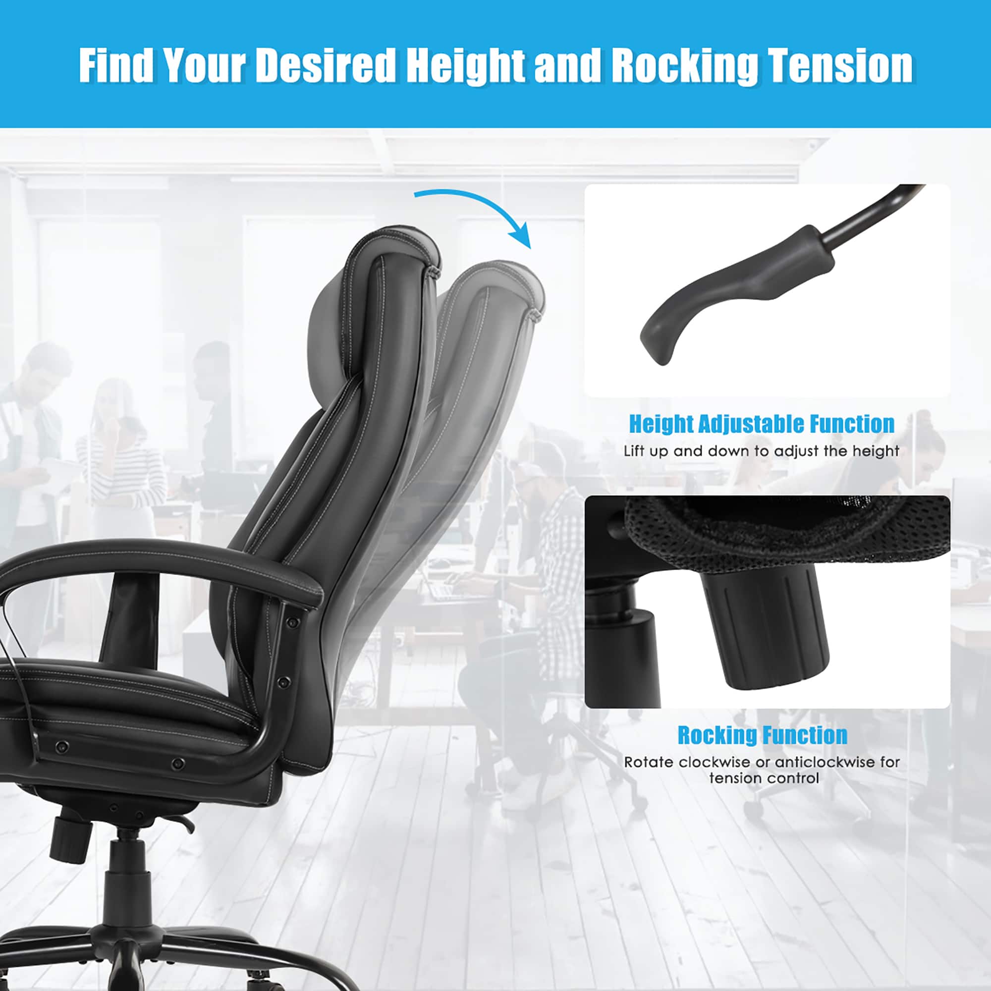 Find Your Desired Height and Rocking Tension:
Height Adjustable Function:
Lift up and down to adjust the height.
Rocking Function:
Rotate clockwise or anticlockwise for tension control.