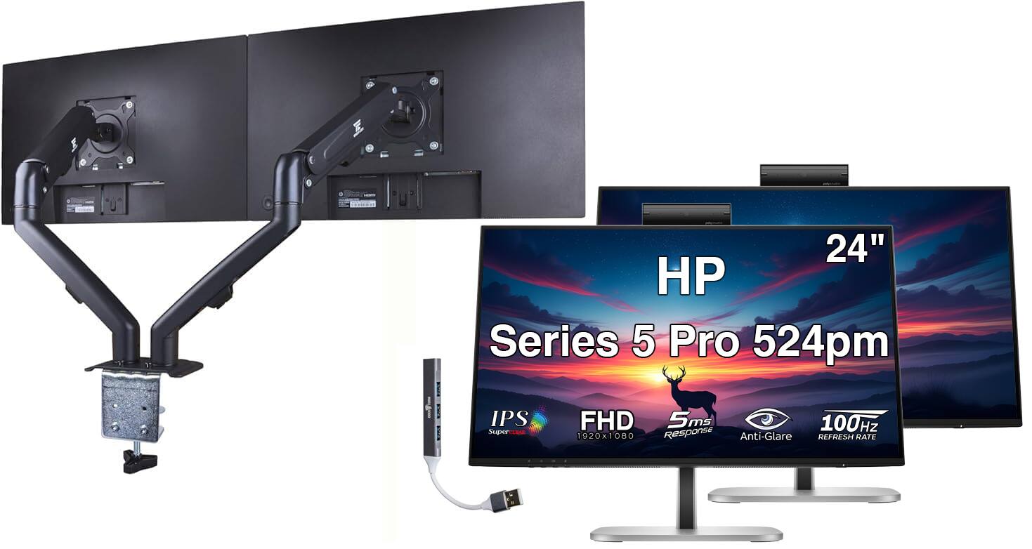 "HP - Series 5 Pro 524pm 24"" FHD IPS Monitor, Anti-Glare, HDMI (9E0G9UT#ABA) 2 Pack w/DKZ Hub & Ergoflexy Dual Mount Arm - Black/Silver" price history on PriceWatchPro