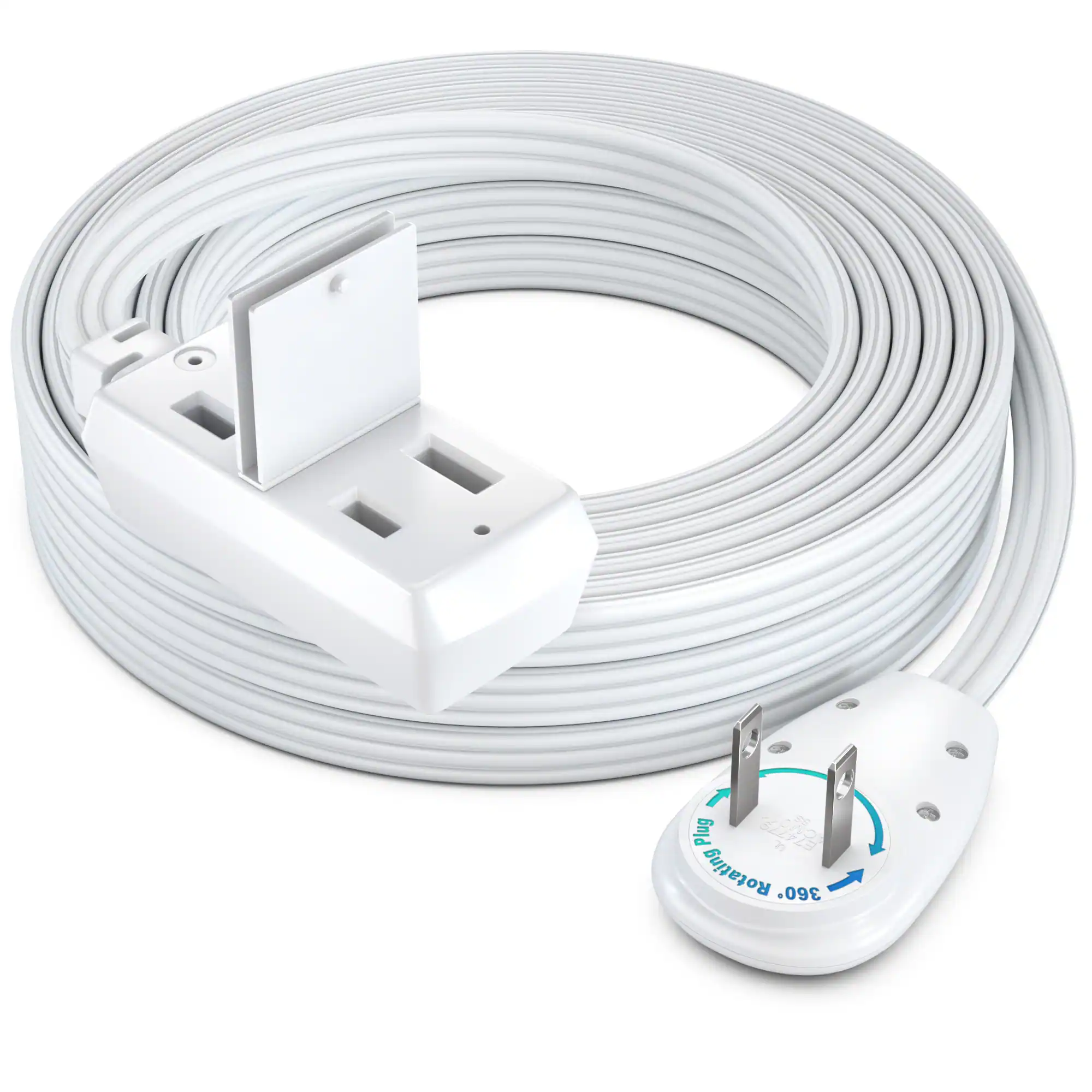 Maximm - 25ft 360° Rotating Flat Plug Extension Cord/Wire, 16 AWG Multi 3 Outlet, 2 Prong with Safety Cover - UL Certified - White