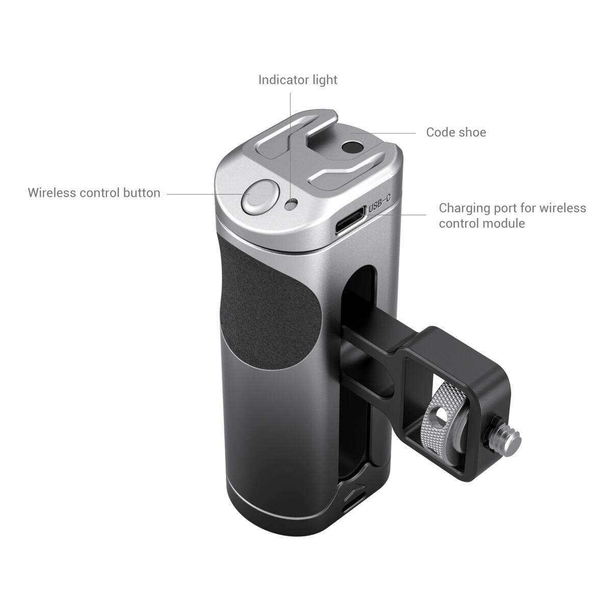 Indicator light  
Code shoe  
Wireless control button  
USB-C Charging port for wireless control module