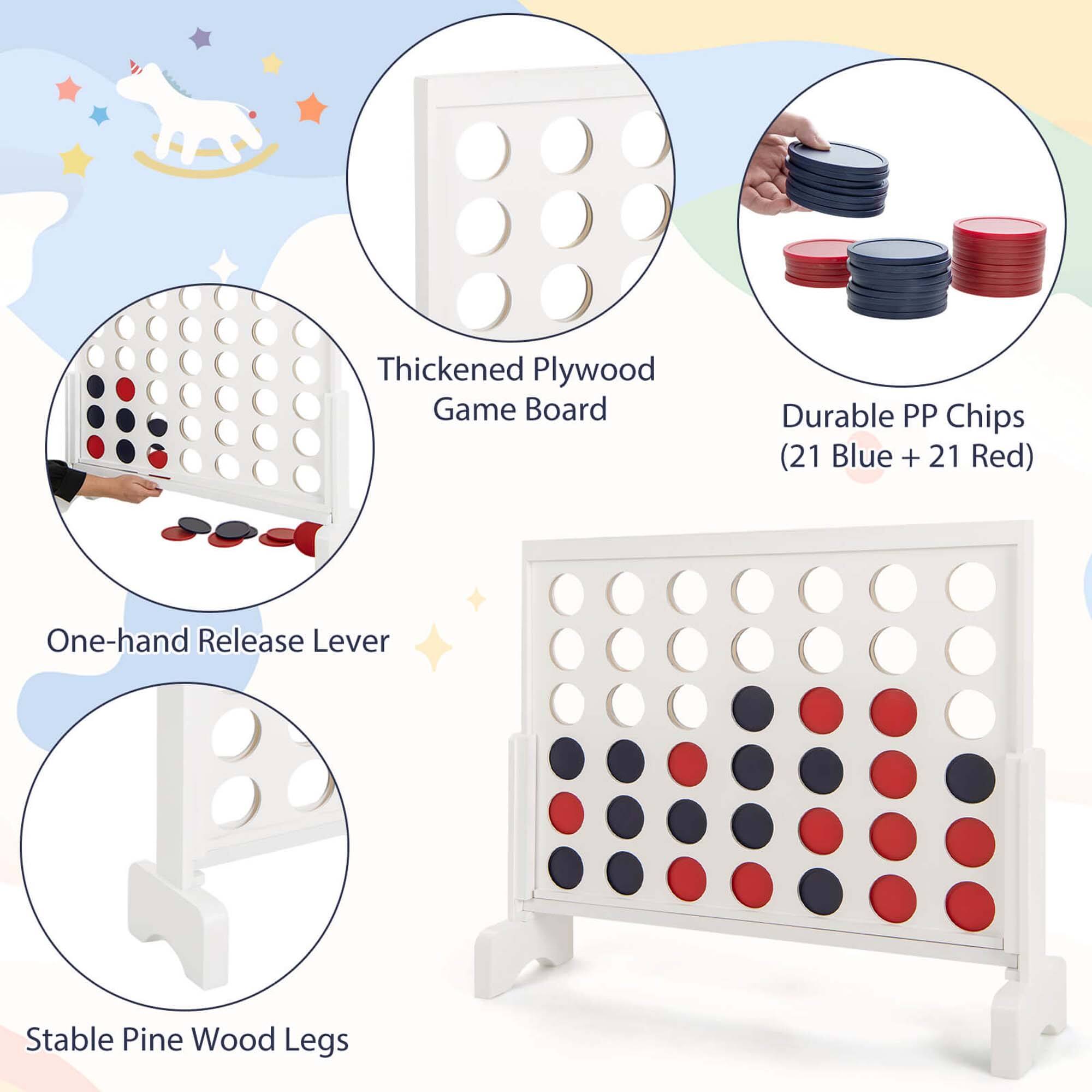 Thickened Plywood Game Board, Durable PP Chips (21 Blue + 21 Red), One-hand Release Lever, Stable Pine Wood Legs