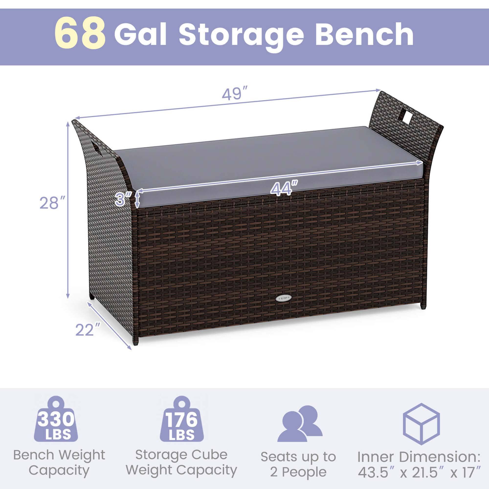 68 Gal Storage Bench, 49", 28", 3", 44", 22", 330 LBS Bench Weight Capacity, 176 LBS Storage Cube Weight Capacity, Seats up to 2 People, Inner Dimension: 43.5" X 21.5" X 17"