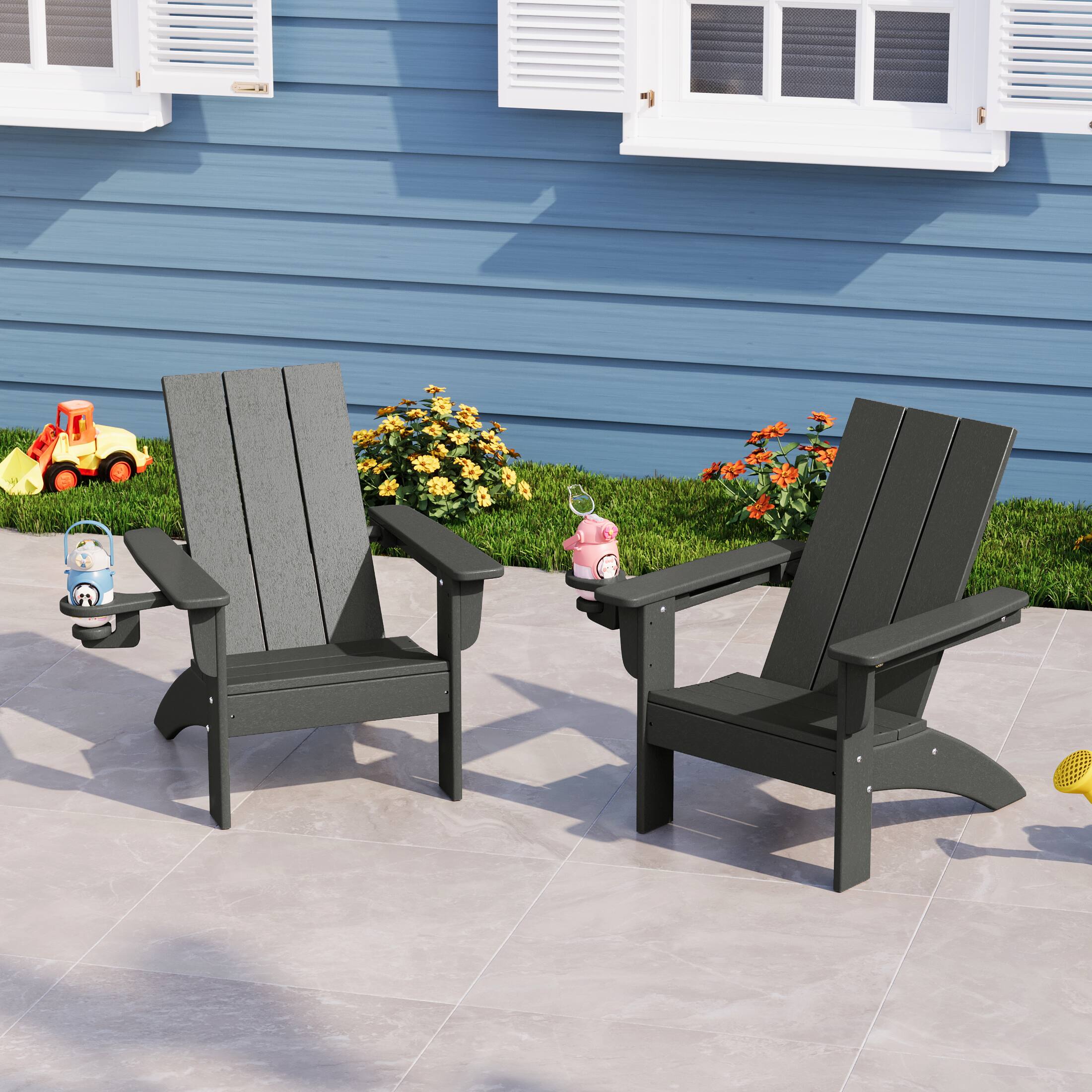 Angle. WestinTrends - WestinTrends Ashore Kids Outdoor HDPE Plastic Modern Adirondack Patio Chairs with Cup Holders (Set of 2) - Gray.