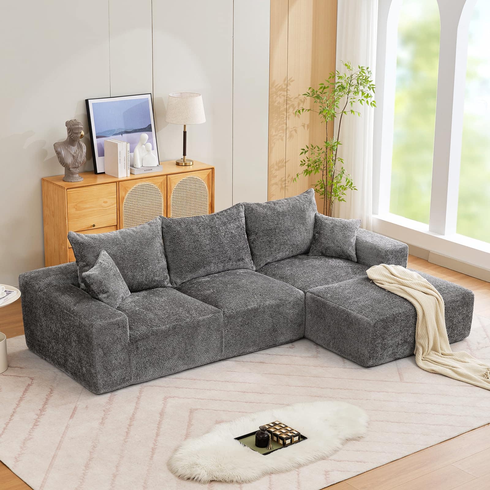Acekool - 110" Modular Sectional Sofa, L-Shaped Cloud Couch with Chaise Lounge, Boneless Deep Seat Sofa for Living Room - Chenille-grey-Right