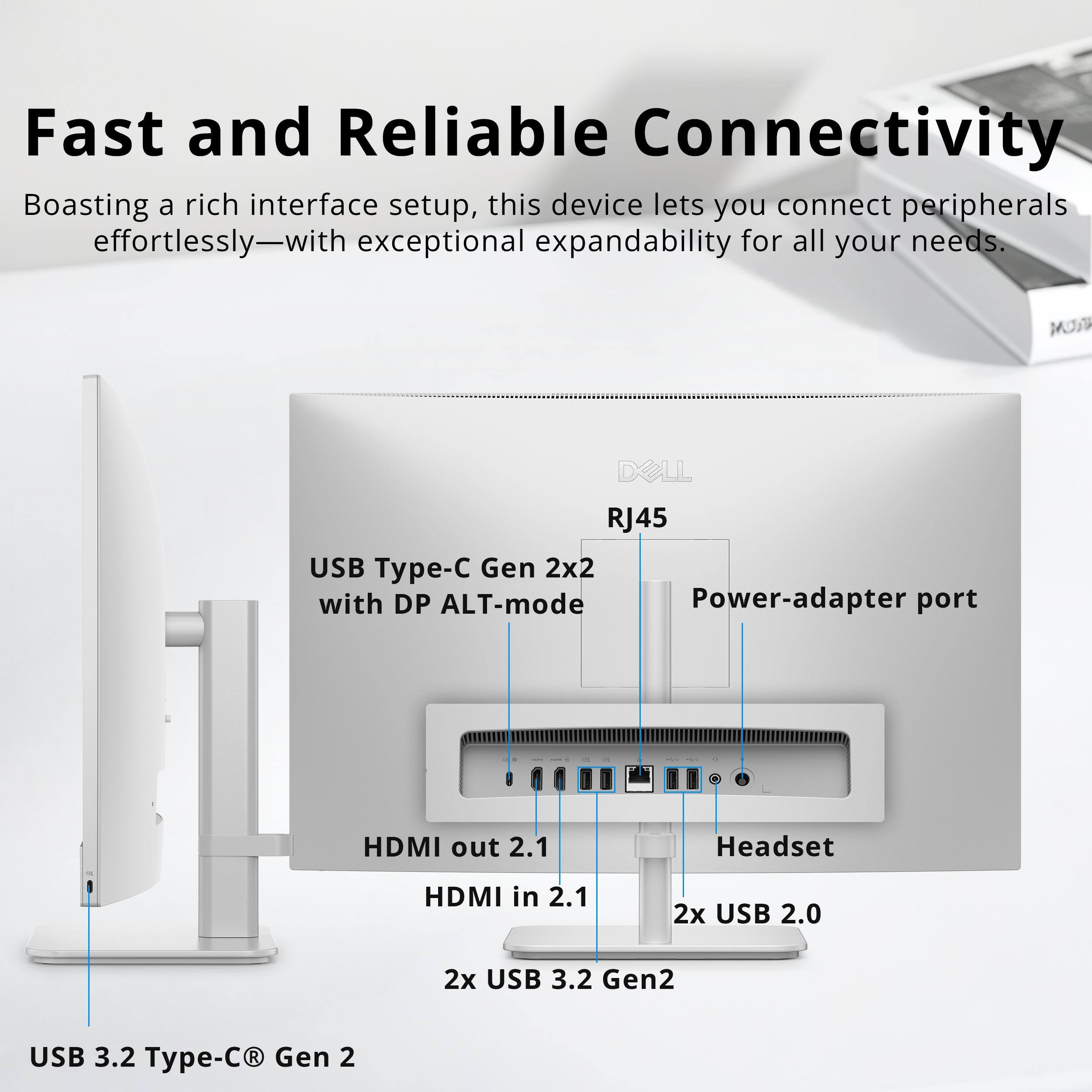 Fast and Reliable Connectivity  
Boasting a rich interface setup, this device lets you connect peripherals effortlessly—with exceptional expandability for all your needs.  

- M DOLL RJ45  
- USB Type-C Gen 2x2 with DP ALT-mode  
- Power-adapter port  
- HDMI out 2.1  
- Headset  
- HDMI in 2.1  
- 2x USB 2.0  
- 2x USB 3.2 Gen2  
- USB 3.2 Type-C Gen 2